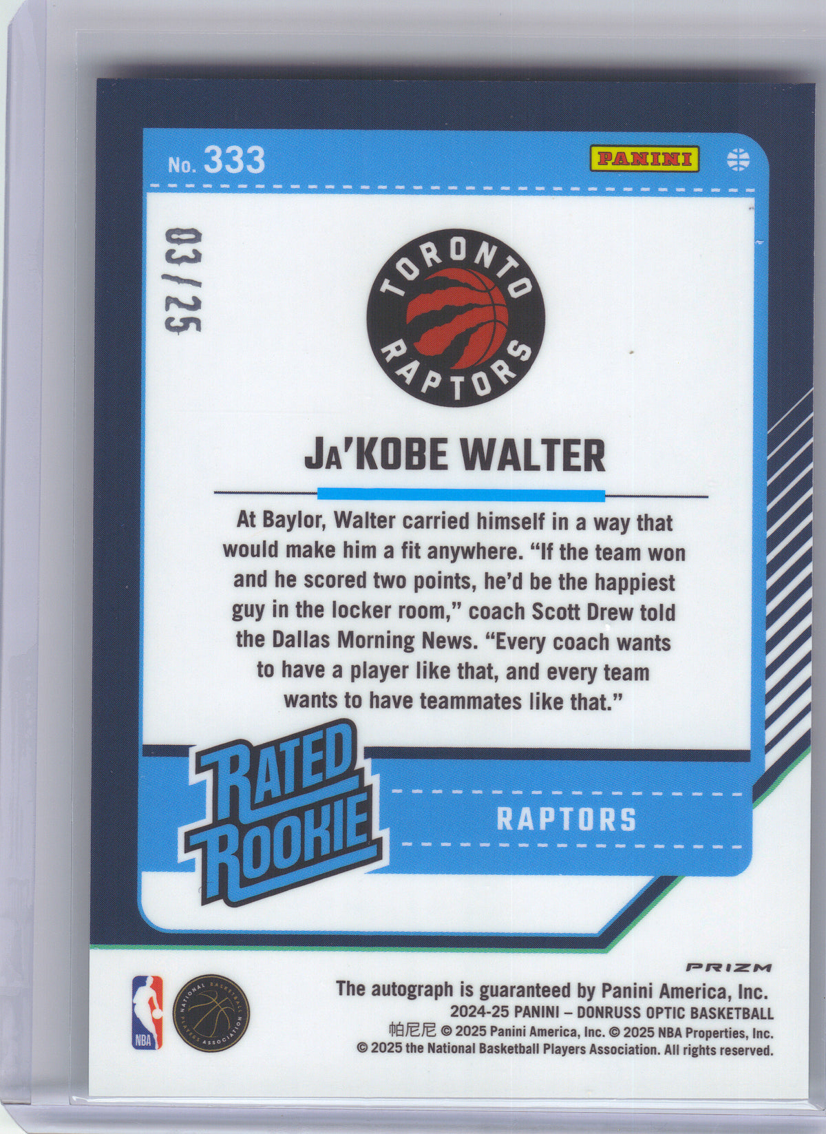 2024-25 Donruss Optic #333 Ja'Kobe Walter Green International #/25 Toronto Raptors SN, RC, AU