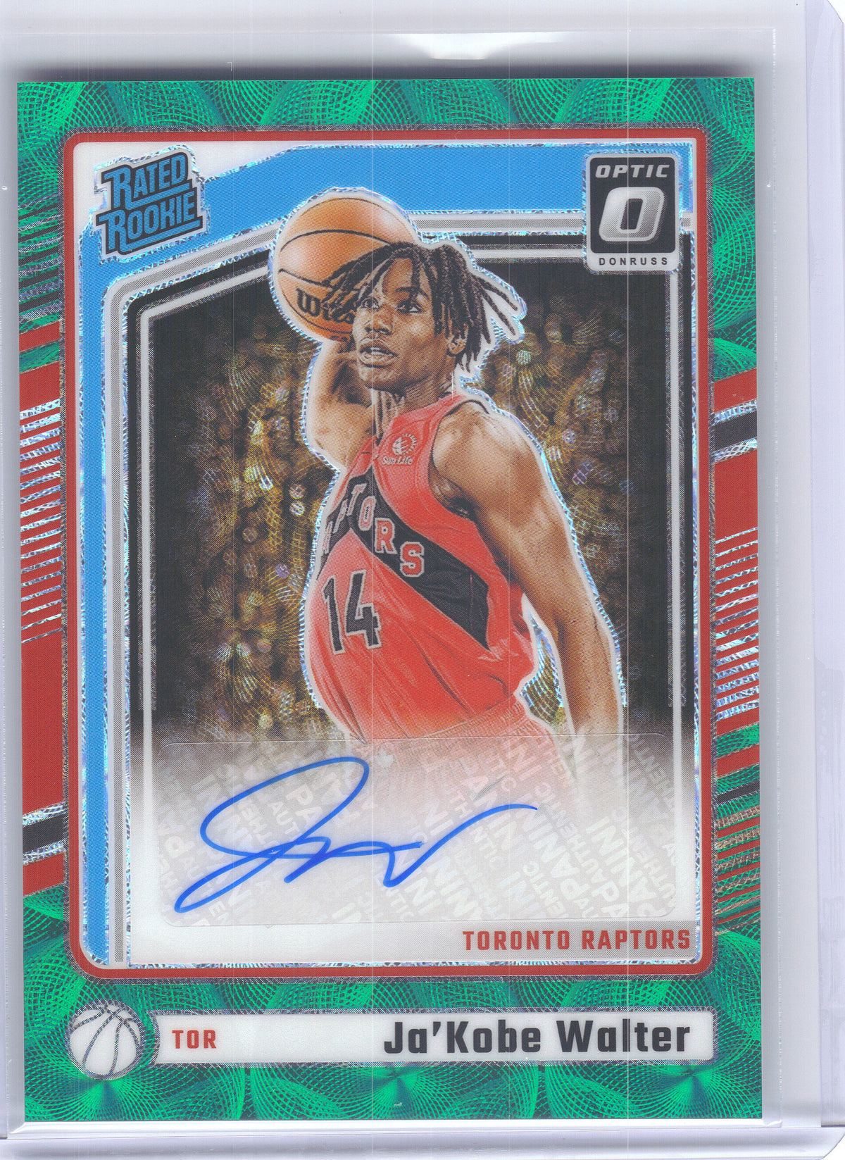 2024-25 Donruss Optic #333 Ja'Kobe Walter Green International #/25 Toronto Raptors SN, RC, AU