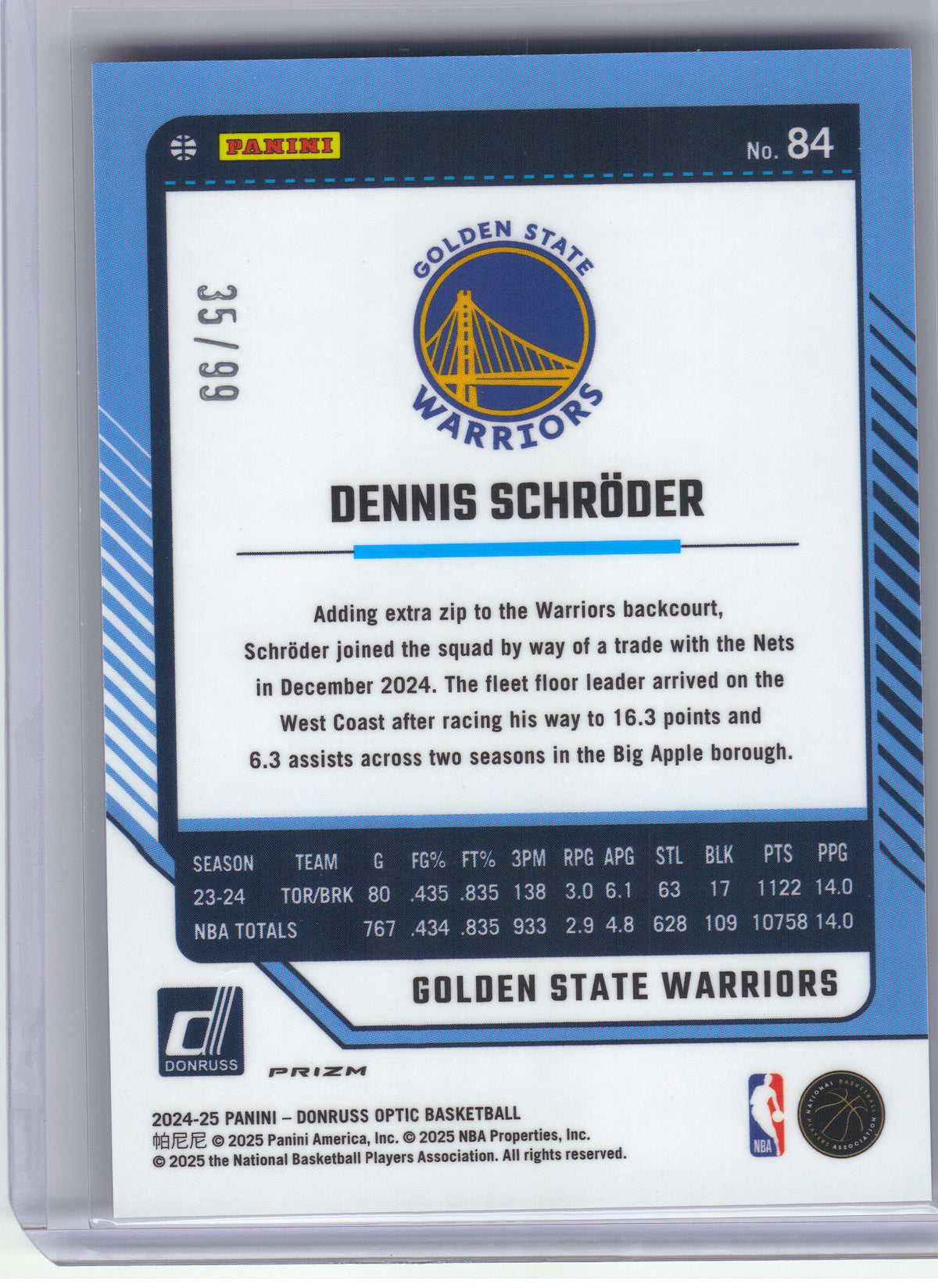 2024-25 Donruss Optic #84 Dennis Schroder Red and Gold International #/99 Golden State Warriors SN