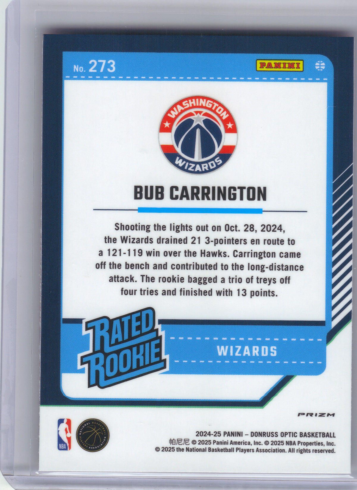 2024-25 Donruss Optic #273 Bub Carrington Red International Washington Wizards RC