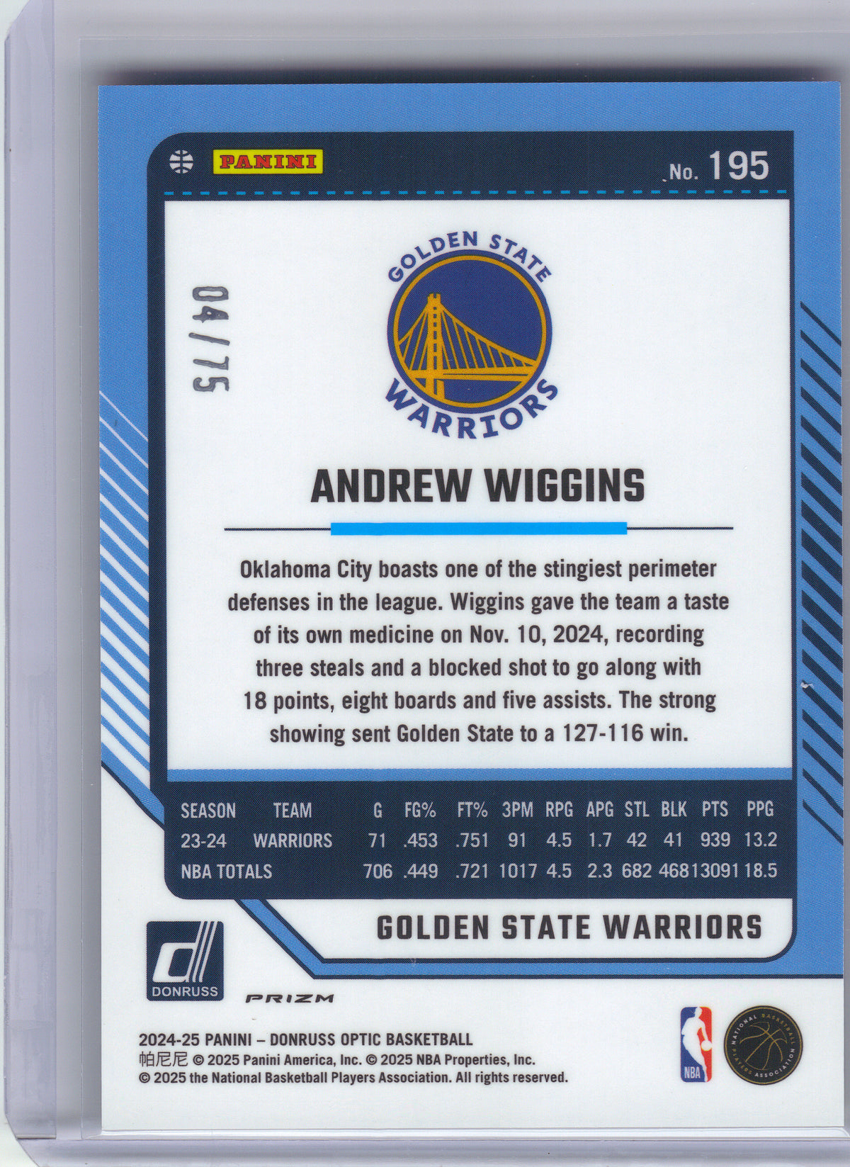 2024-25 Donruss Optic #195 Andrew Wiggins Electricity International #/75 Golden State Warriors SN