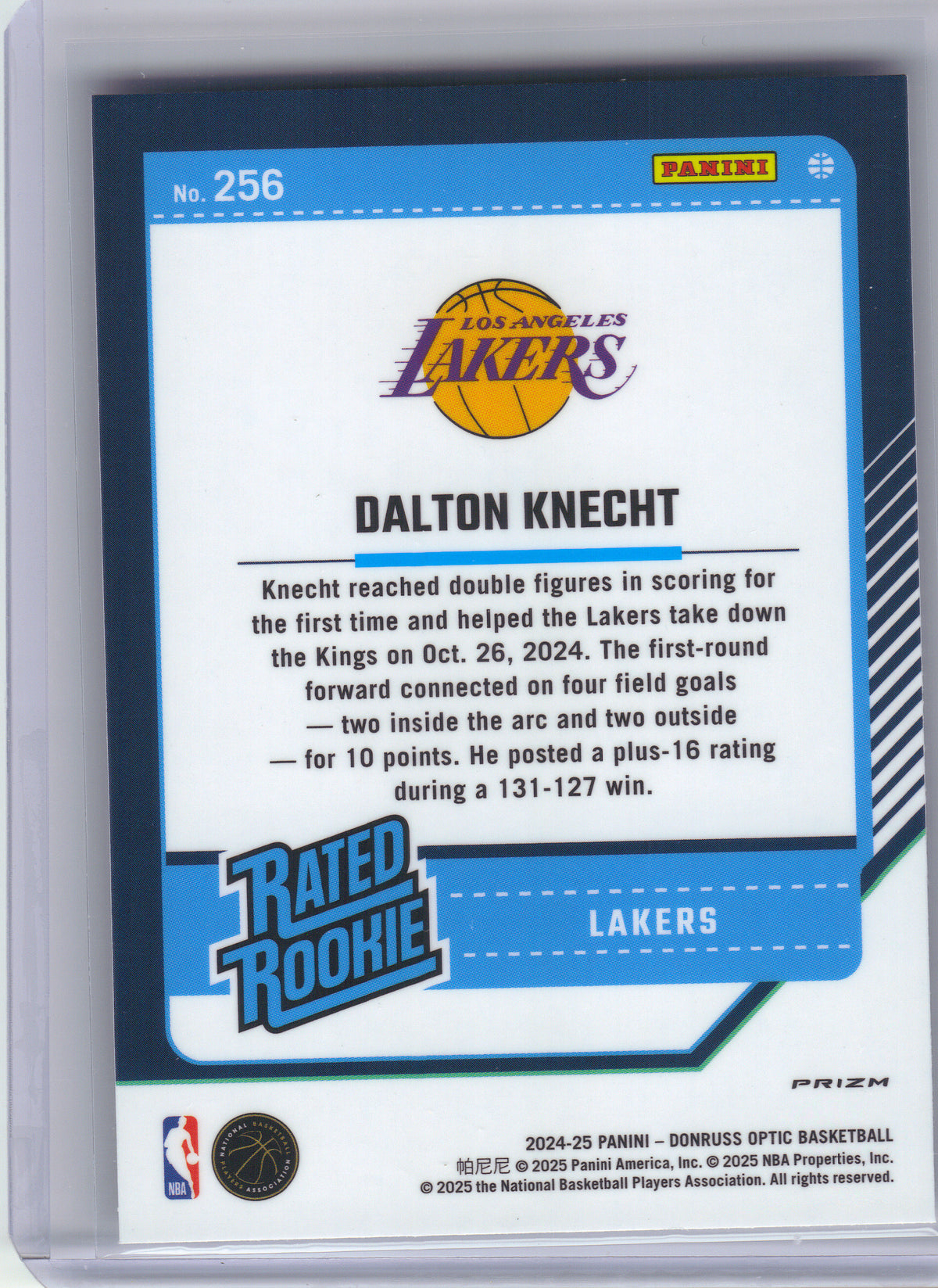 2024-25 Donruss Optic #256 Dalton Knecht Holo Los Angeles Lakers RC