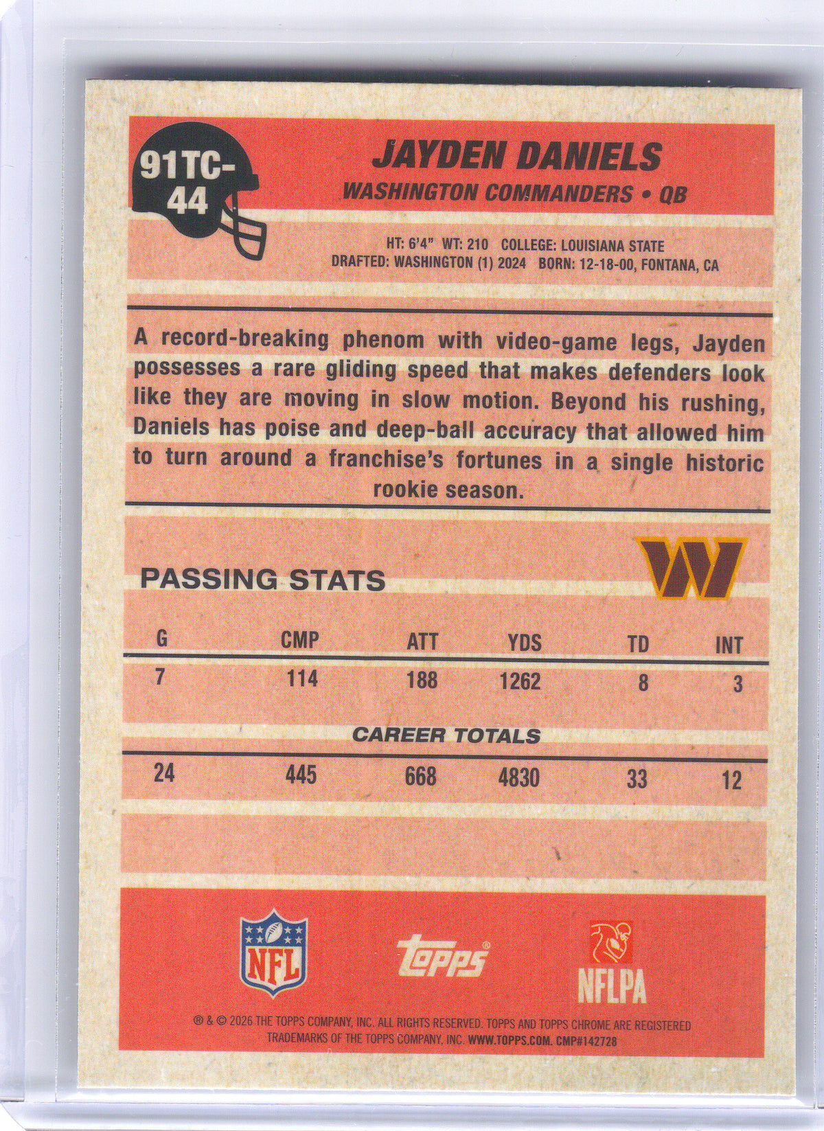 2026 Topps Flagship #91TC-44 Jayden Daniels 1991 Topps Football Chrome Washington Commanders