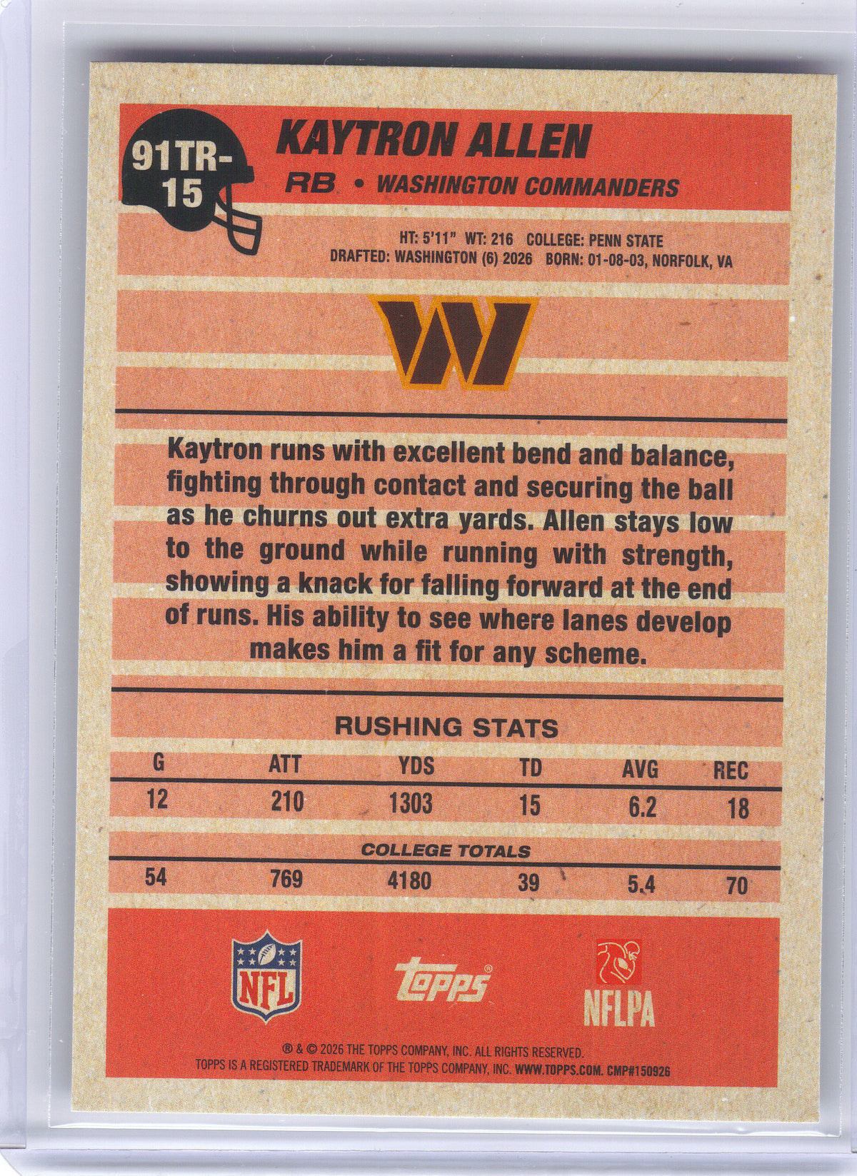 2026 Topps Flagship #91TR-15 Kaytron Allen 1991 Topps Football Rookies Washington Commanders