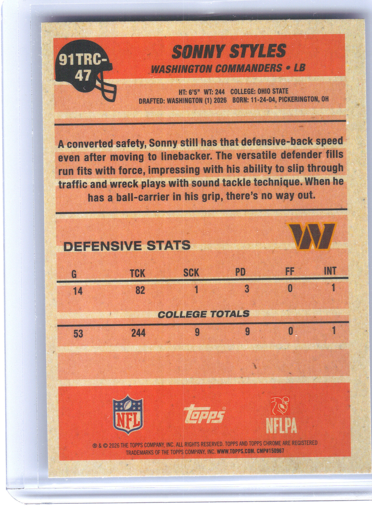 2026 Topps Flagship #91TRC-47 Sonny Styles 1991 Topps Football Rookies Chrome Washington Commanders