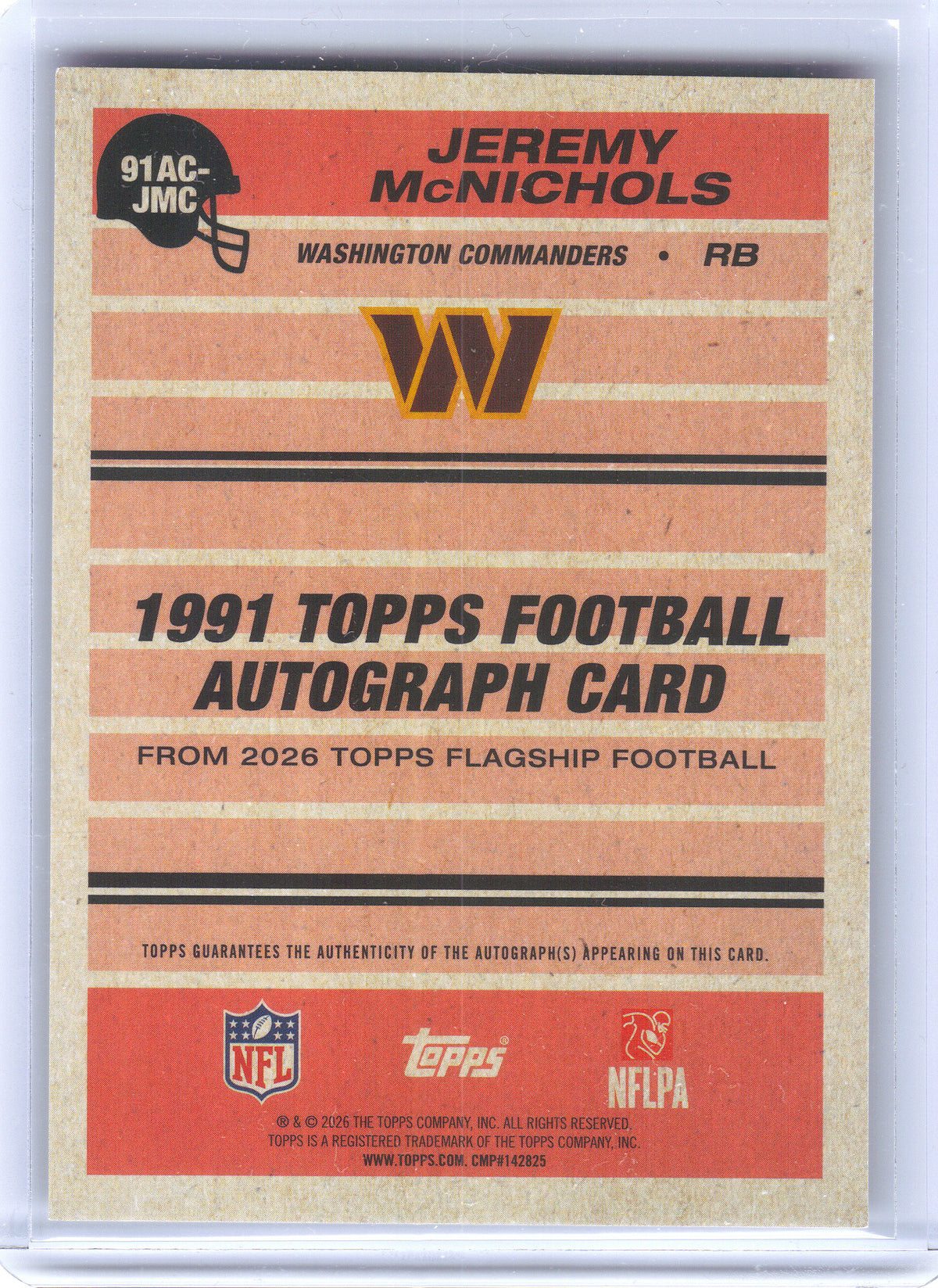 2026 Topps Flagship #91AC-JMC Jeremy McNichols 1991 Topps Football Autographs Gold #/50 Washington Commanders SN, AU
