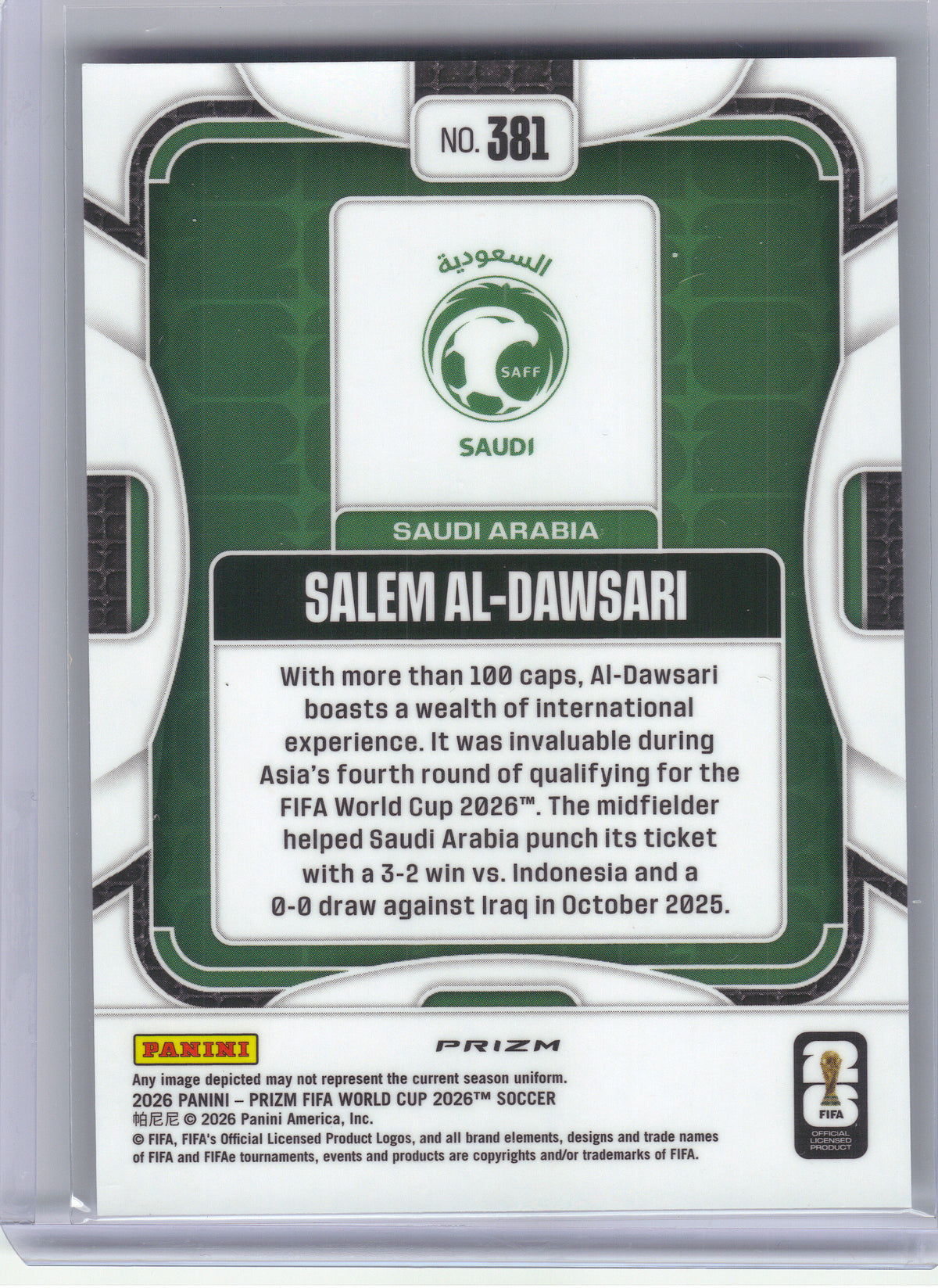 2026 Panini Prizm FIFA World Cup #381 Salem Al-Dawsari Disco Prizms Saudi Arabia
