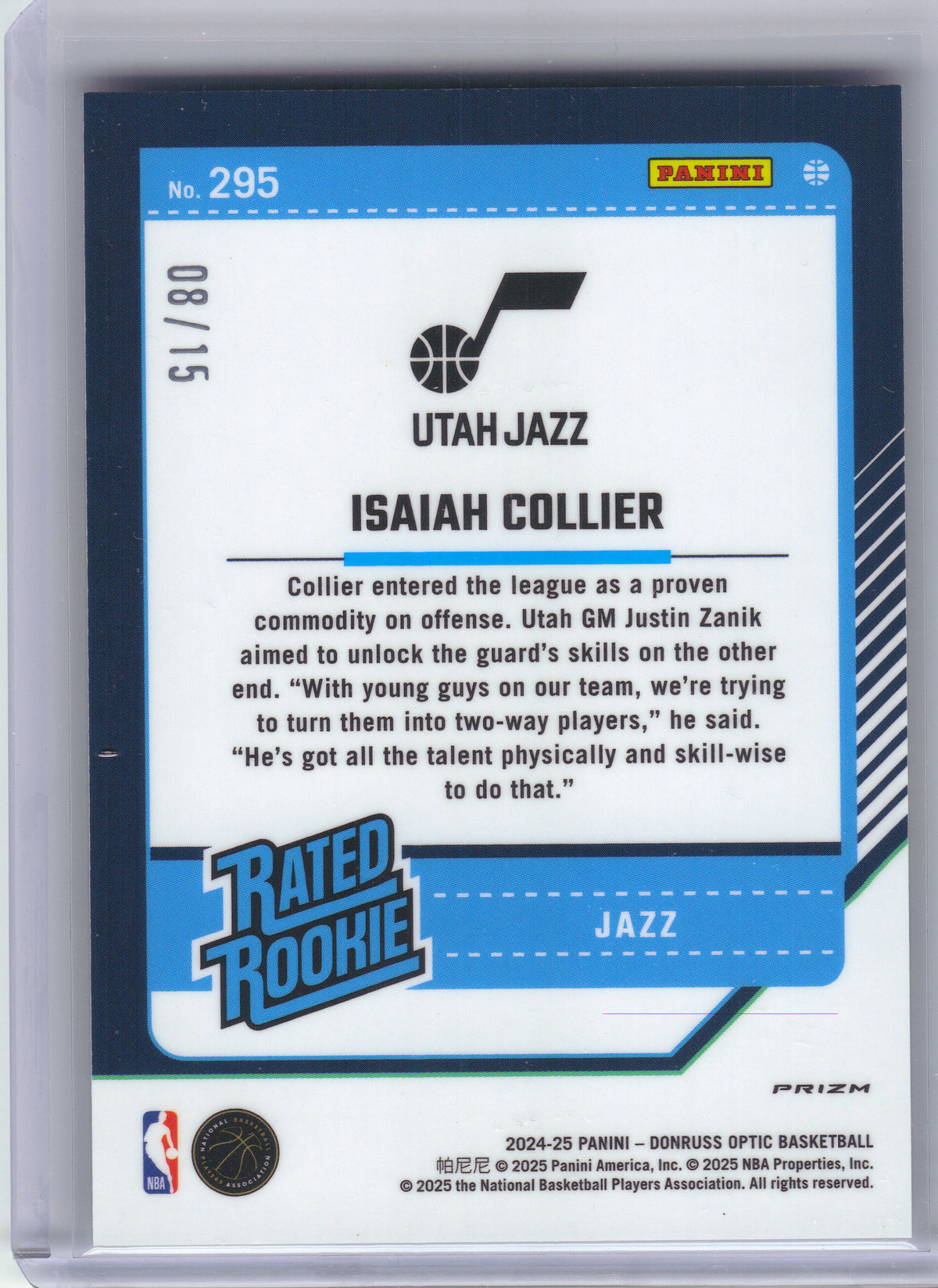 2024-25 Donruss Optic #295 Isaiah Collier White International #/15 Utah Jazz SN, RC