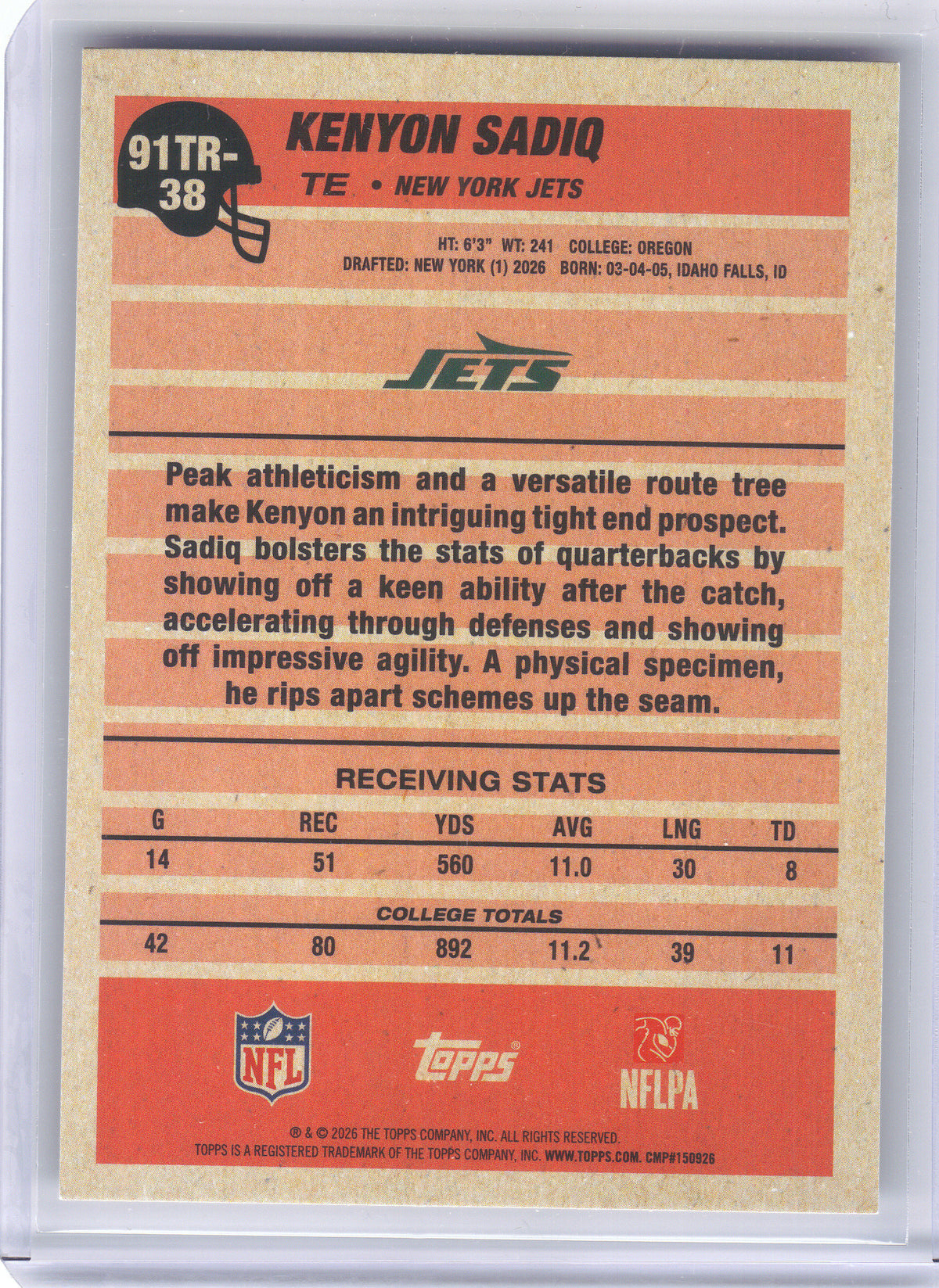 2026 Topps Flagship #91TR-38 Kenyon Sadiq 1991 Topps Football Rookies New York Jets