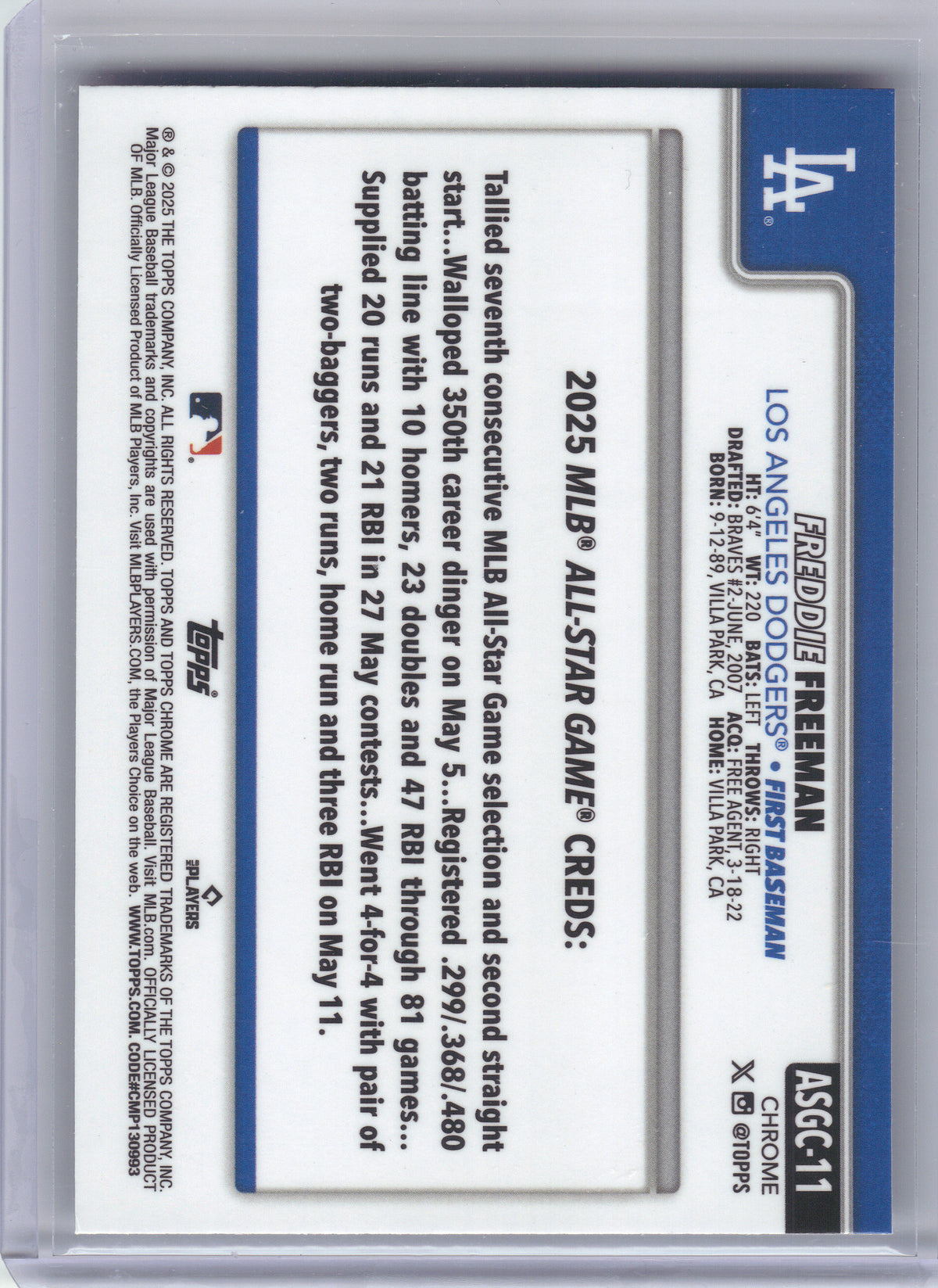 2025 Topps Update #ASG-4 Freddie Freeman 2025 All-Star Game Los Angeles Dodgers