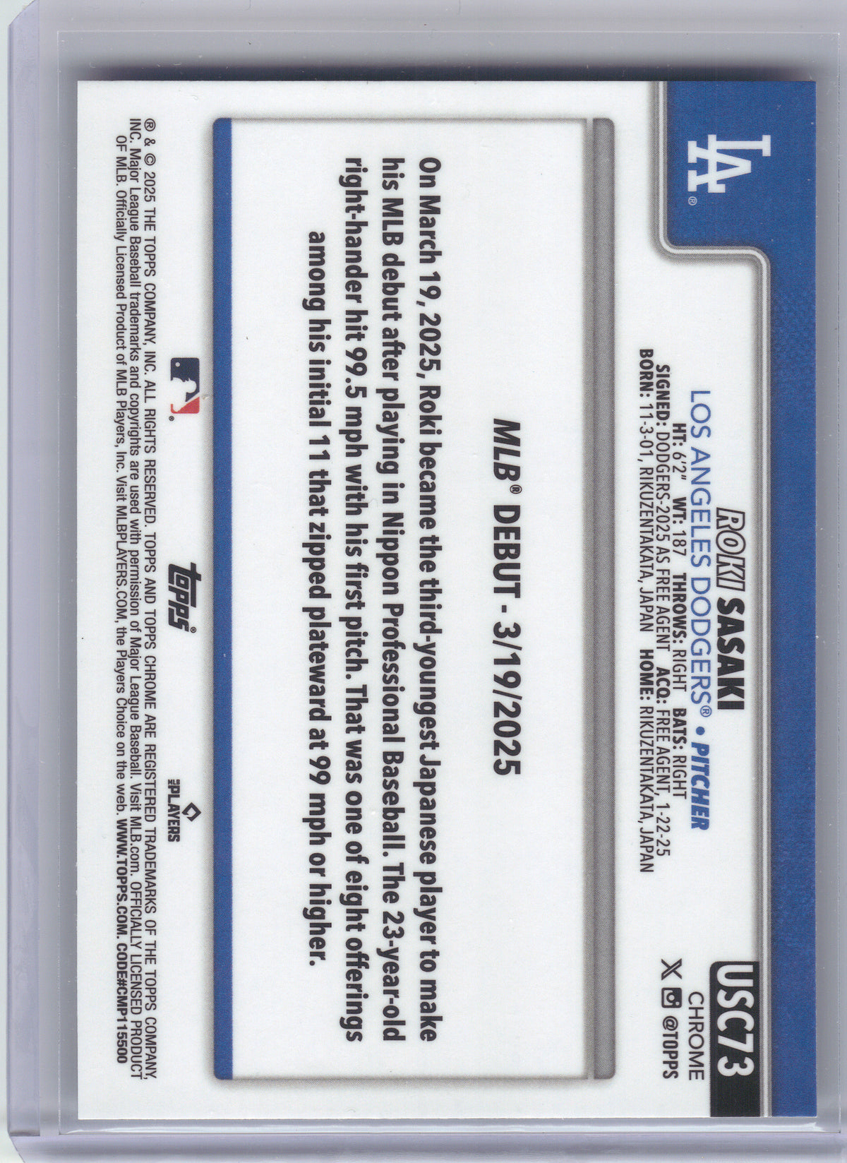 2025 Topps Chrome Update #USC73 Roki Sasaki Sepia Refractors Los Angeles Dodgers