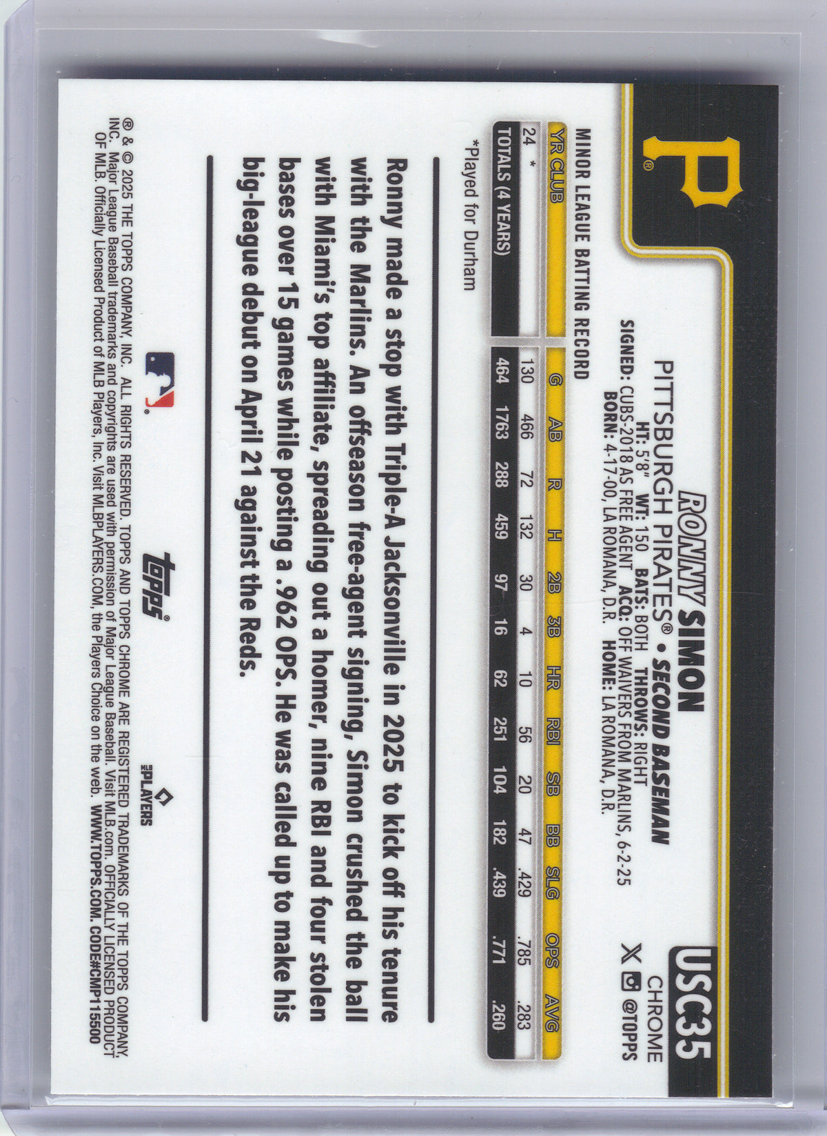 2025 Topps Chrome Update #USC35 Ronny Simon Prism Refractors Pittsburgh Pirates RC