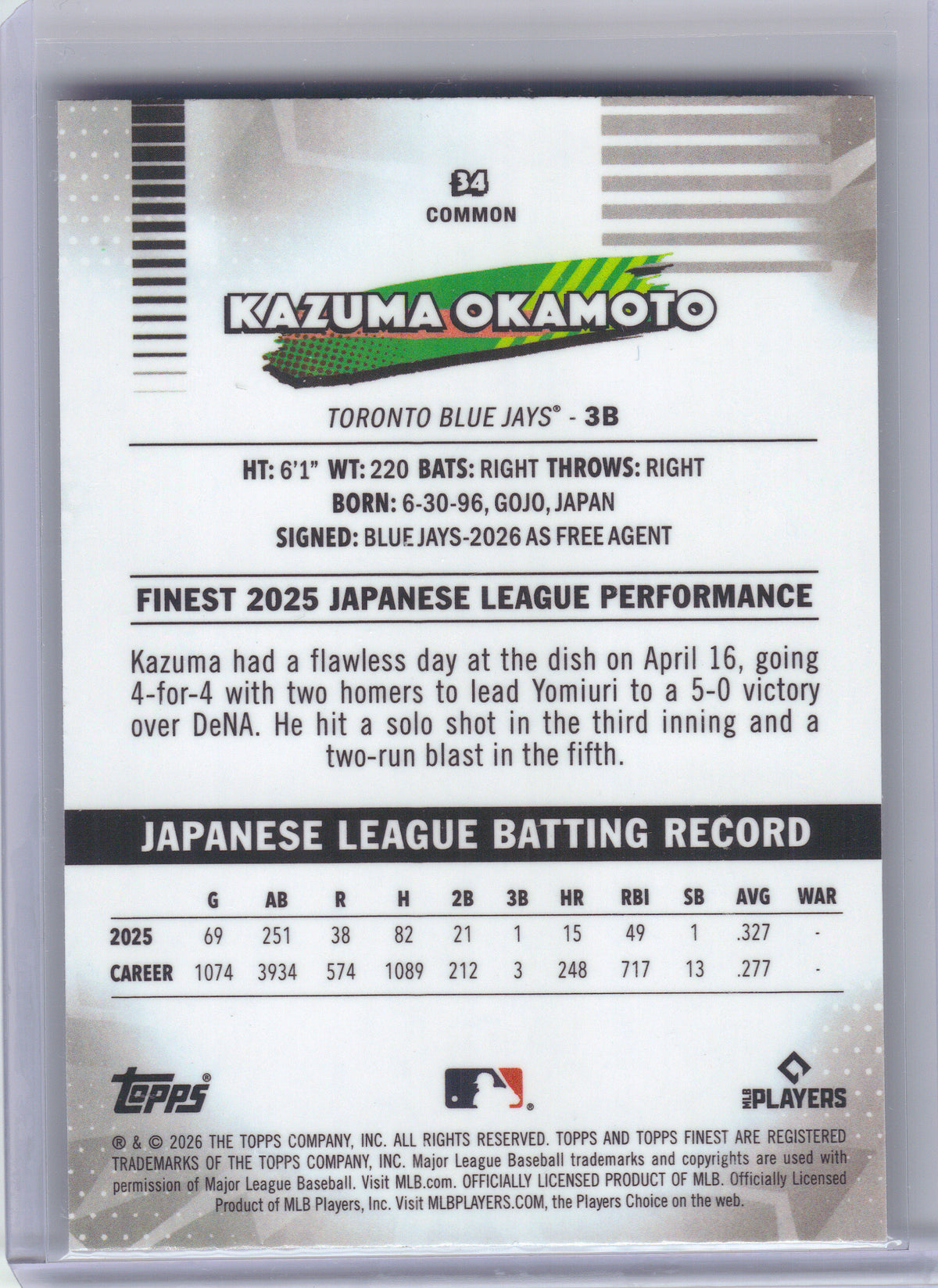 2026 Finest #34 Kazuma Okamoto Toronto Blue Jays RC