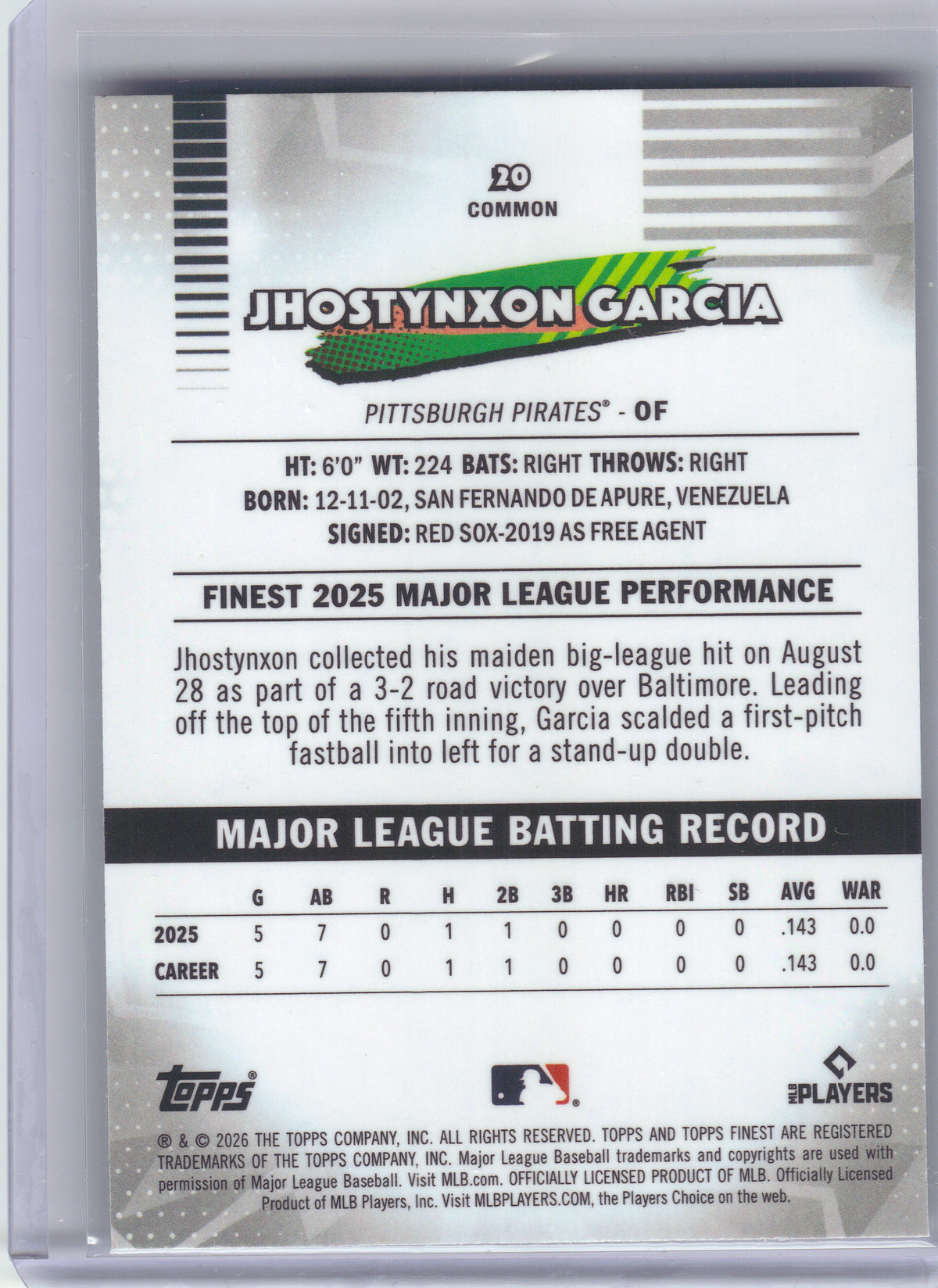 2026 Finest #20 Jhostynxon Garcia Pittsburgh Pirates RC