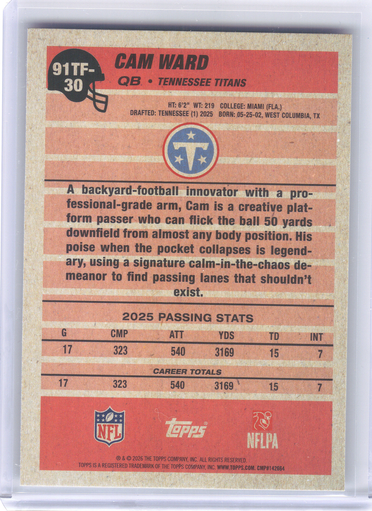 2026 Topps Flagship #91TF-30 Cam Ward 1991 Topps Football Crackle Tennessee Titans