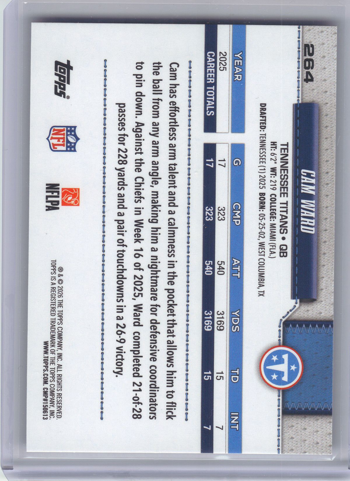 2026 Topps Flagship #264 Cam Ward Football Leather Foil Tennessee Titans