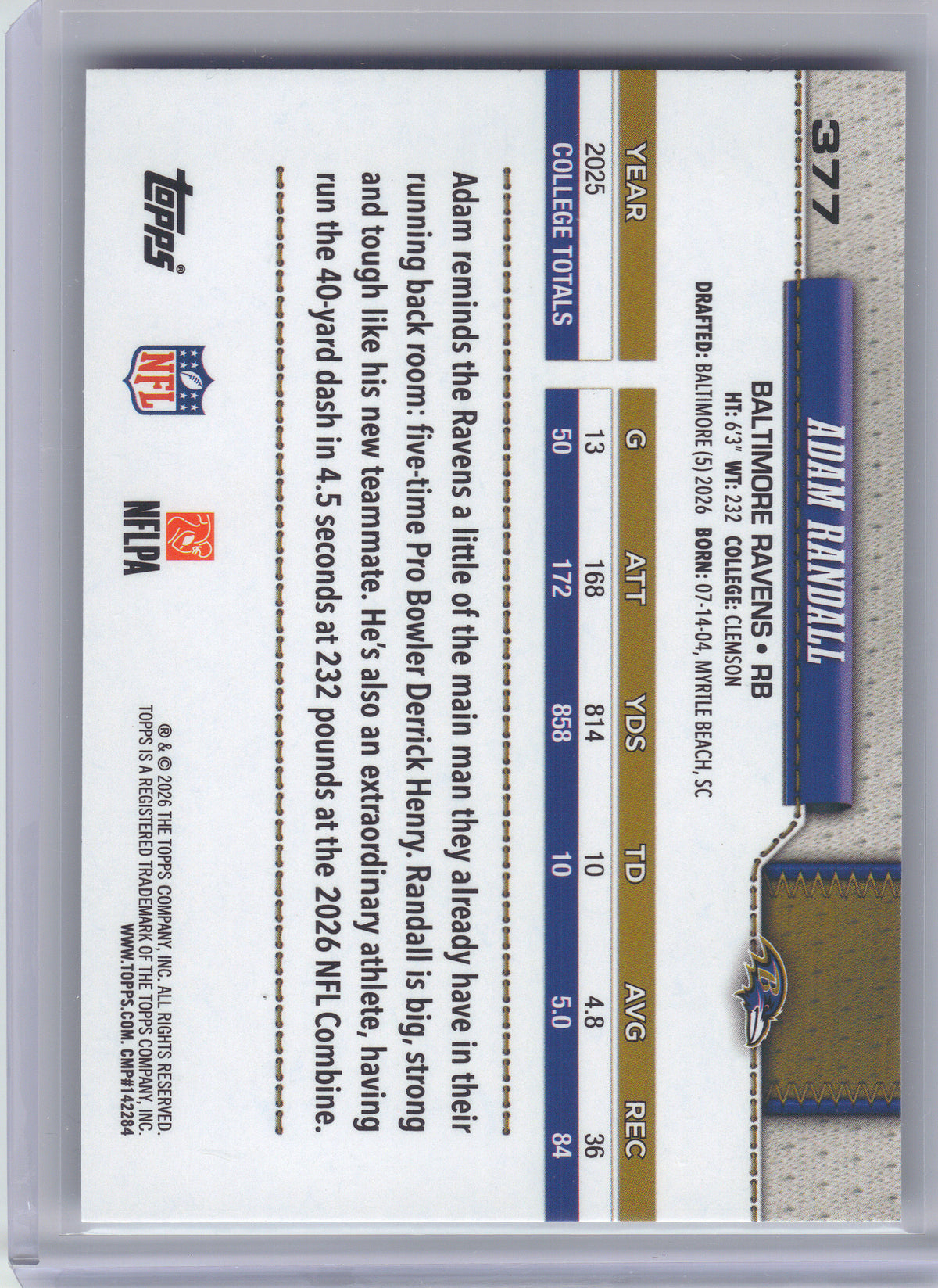 2026 Topps Flagship #377 Adam Randall Holo Foil Baltimore Ravens