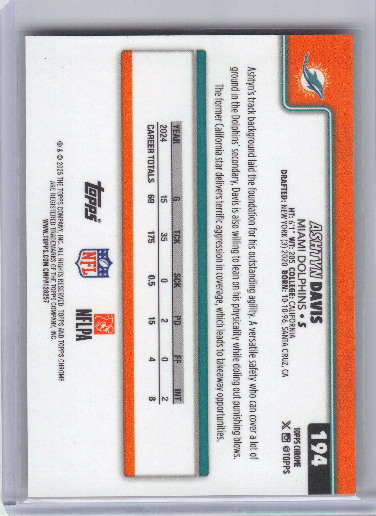 2025 Topps Chrome #194 Ashtyn Davis Orange Lava Refractor #/25 Miami Dolphins SN
