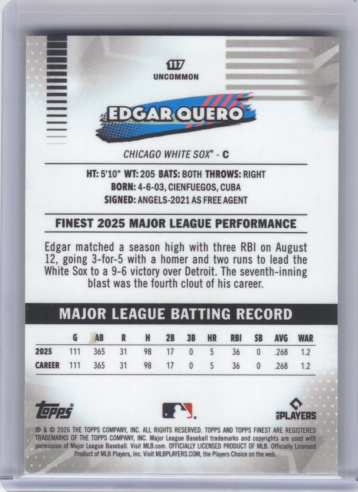 2026 Finest #117 Edgar Quero Chicago White Sox