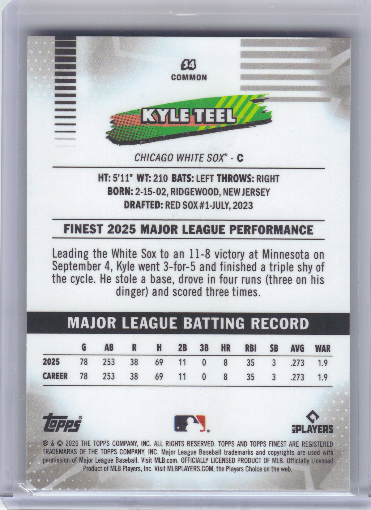 2026 Finest #54 Kyle Teel Mini-Diamond Refractors Chicago White Sox RC