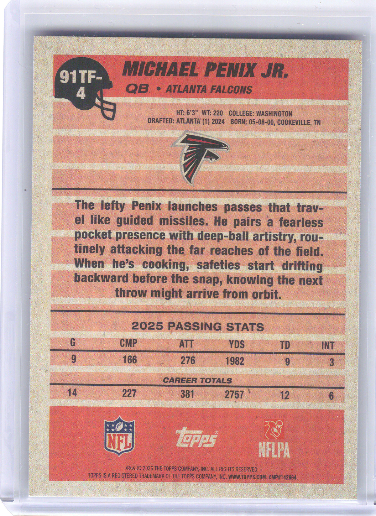 2026 Topps Flagship #91TF-4 Michael Penix Jr. 1991 Topps Football Crackle Atlanta Falcons