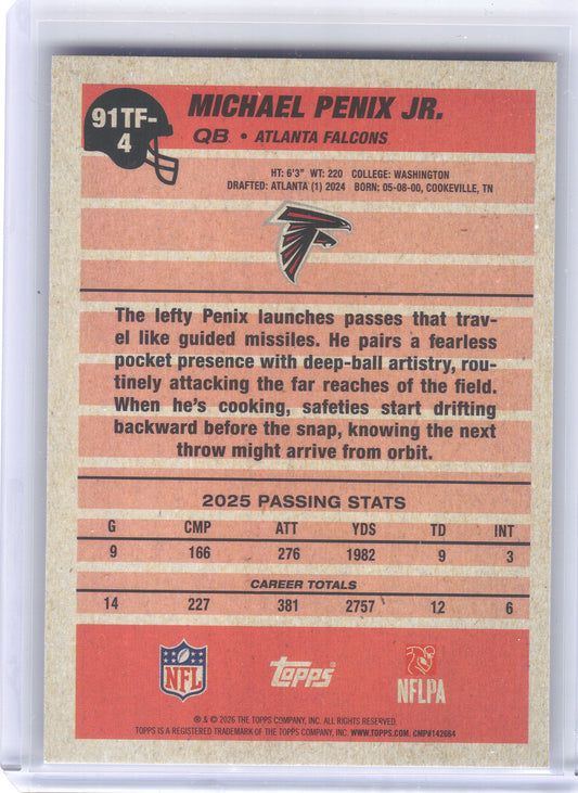 2026 Topps Flagship #91TF-4 Michael Penix Jr. 1991 Topps Football Crackle Atlanta Falcons
