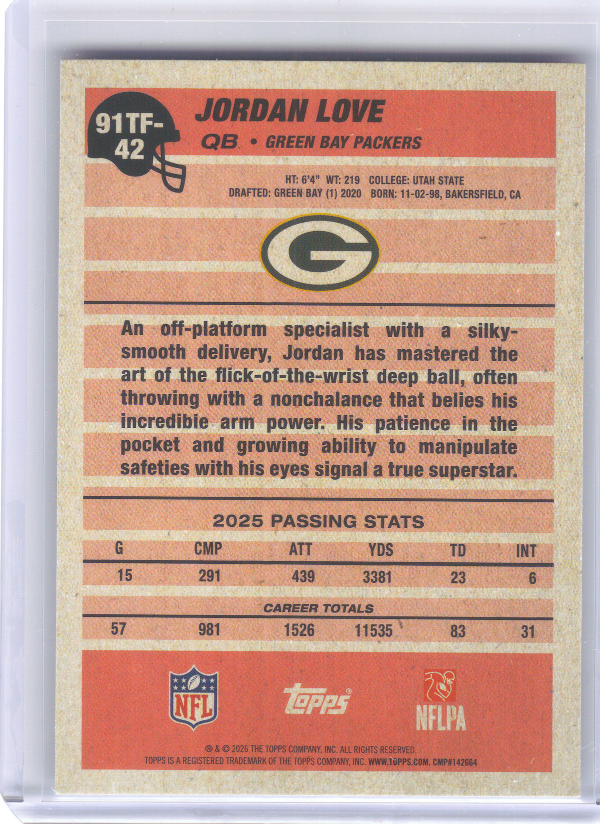 2026 Topps Flagship #91TF-42 Jordan Love 1991 Topps Football Green Bay Packers