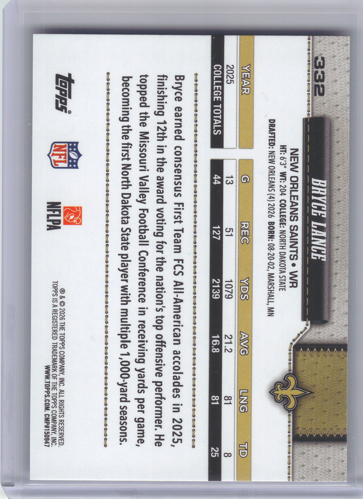 2026 Topps Flagship #332 Bryce Lance Team Color Border Variations New Orleans Saints