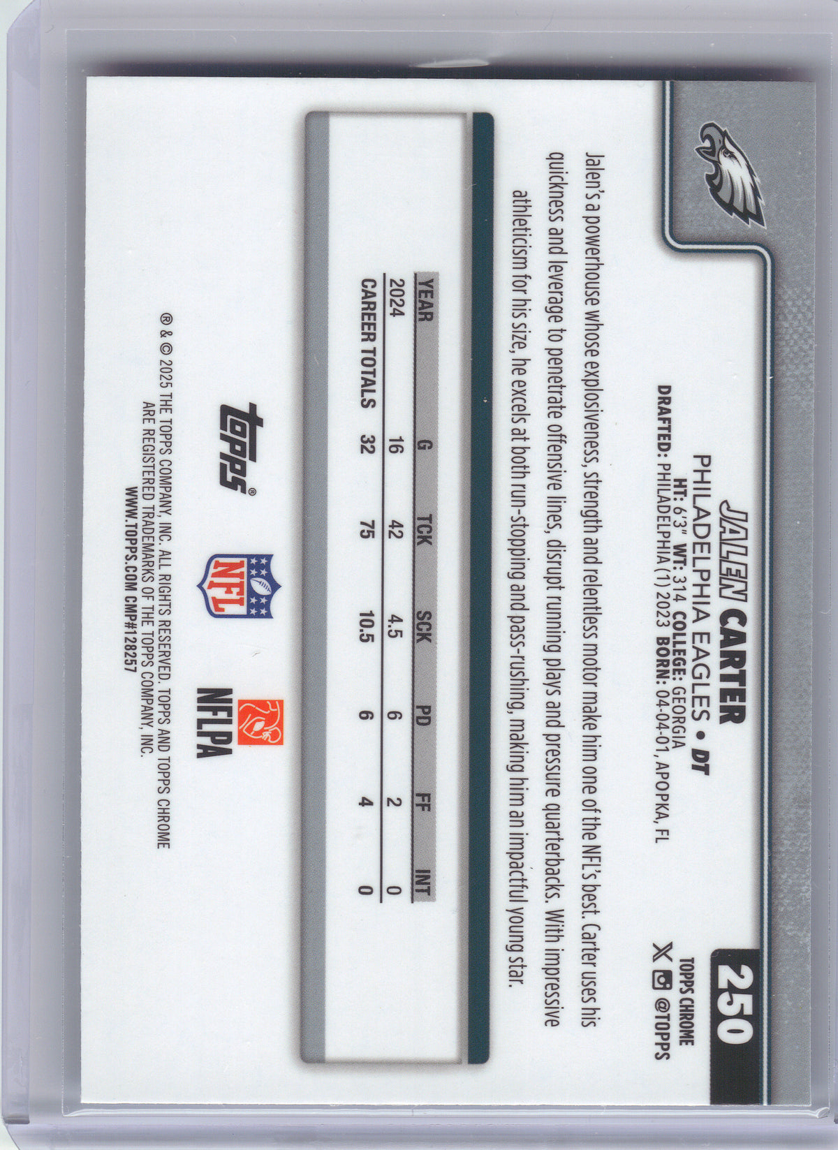 2025 Topps Chrome #250 Jalen Carter Red White and Blue Refractor Philadelphia Eagles