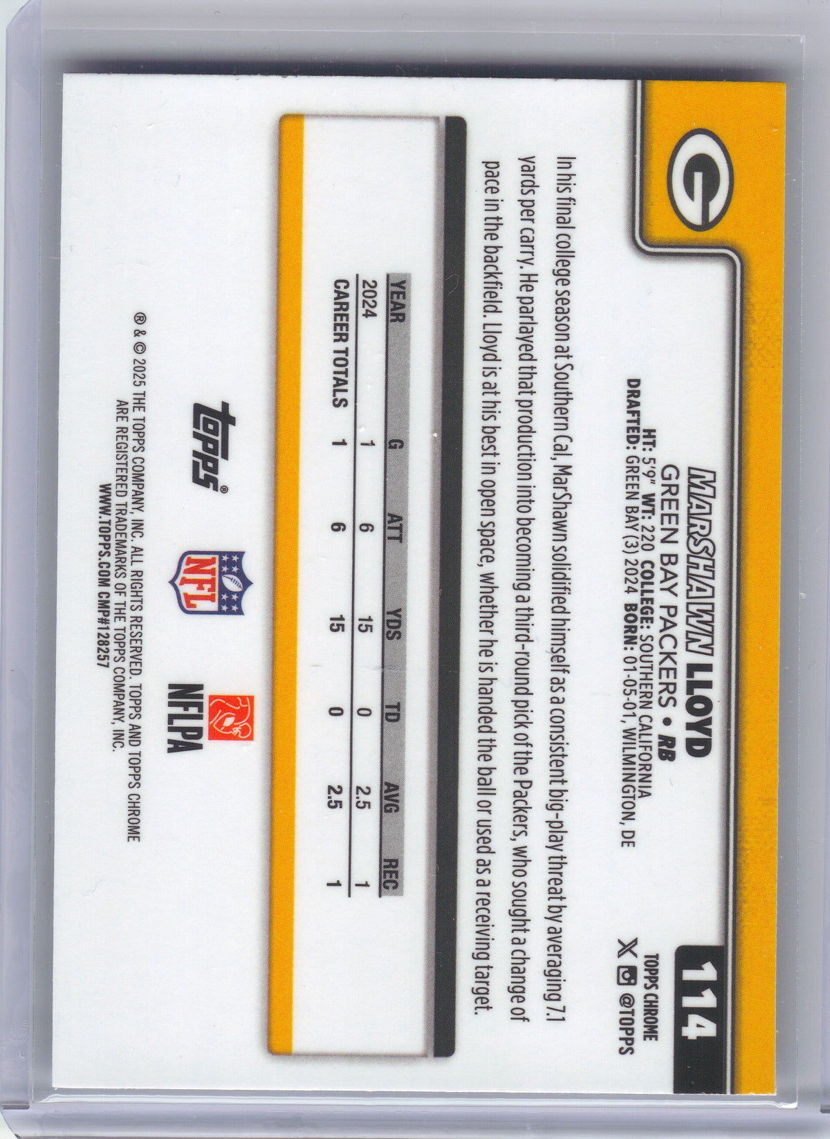 2025 Topps Chrome #114 MarShawn Lloyd Ray Wave Refractor Green Bay Packers