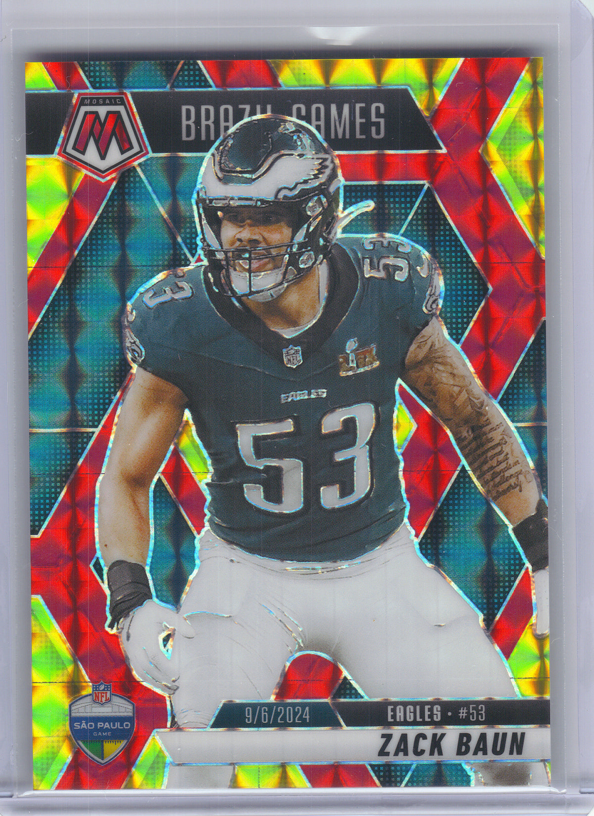 2025 Panini Mosaic #268 Zack Baun Mosaic Choice Red & Yellow #/89 Philadelphia Eagles SN