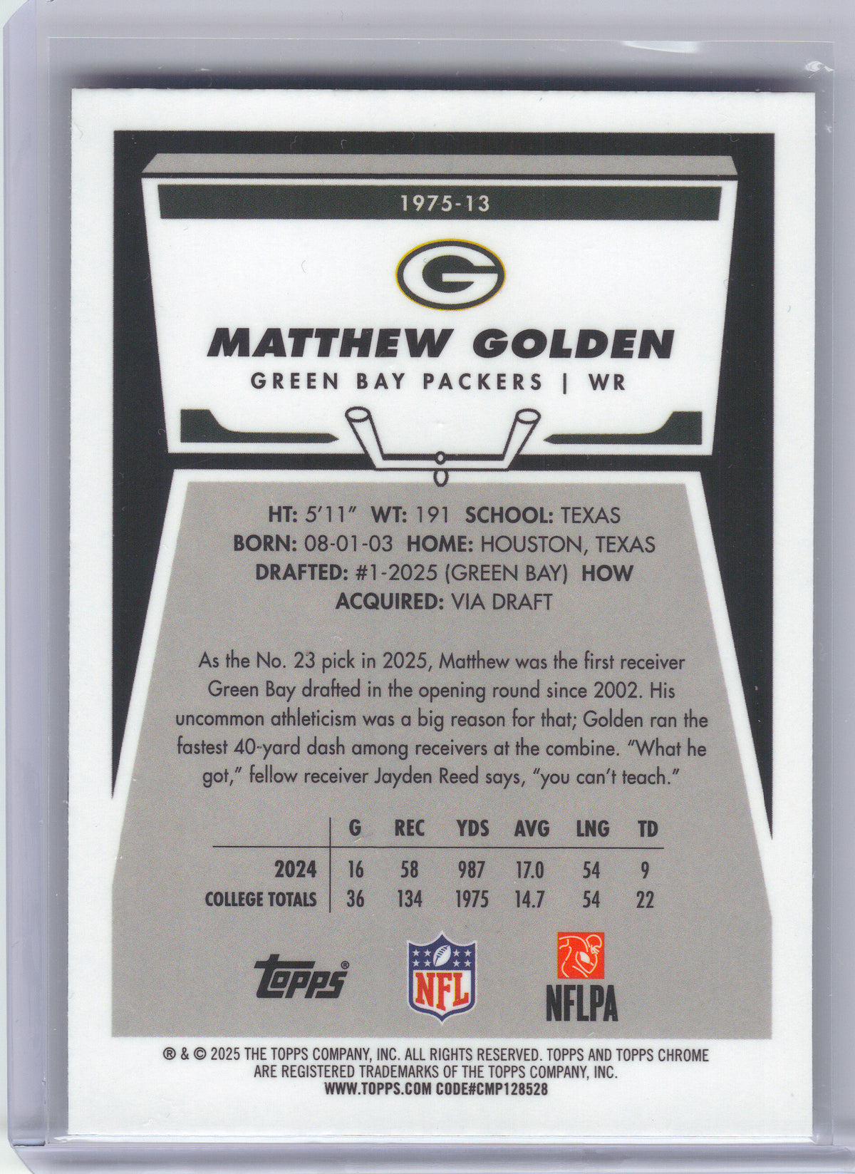2025 Topps Chrome #1975-13 Matthew Golden 1975 Topps X-Fractor Green Bay Packers