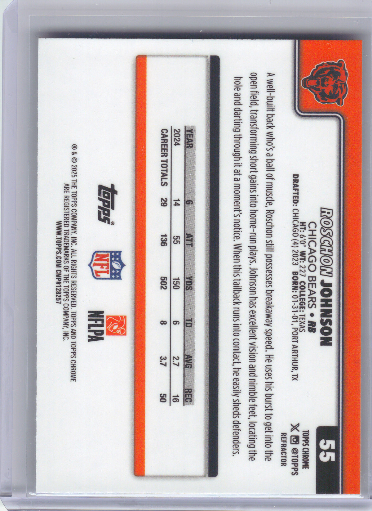 2025 Topps Chrome #55 Roschon Johnson Refractor Chicago Bears