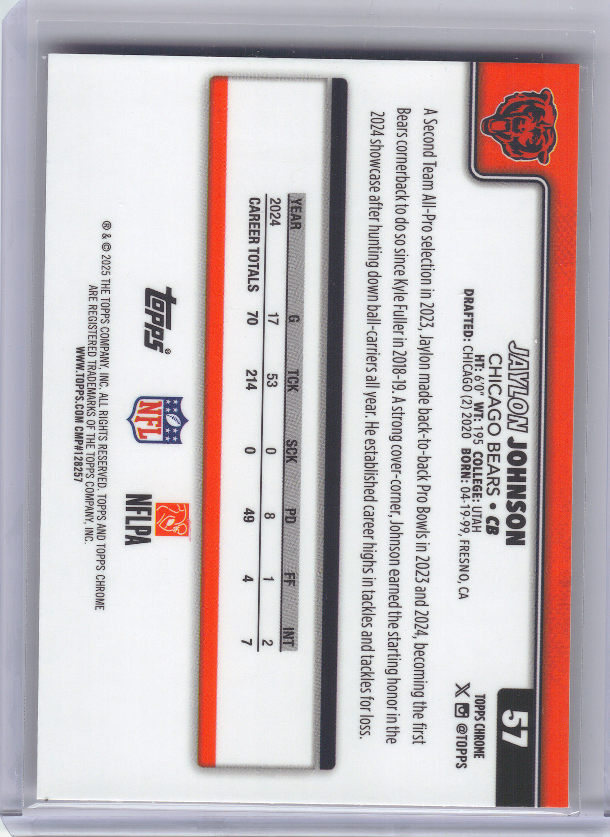 2025 Topps Chrome #57 Jaylon Johnson Hot Pink X-Fractor Chicago Bears