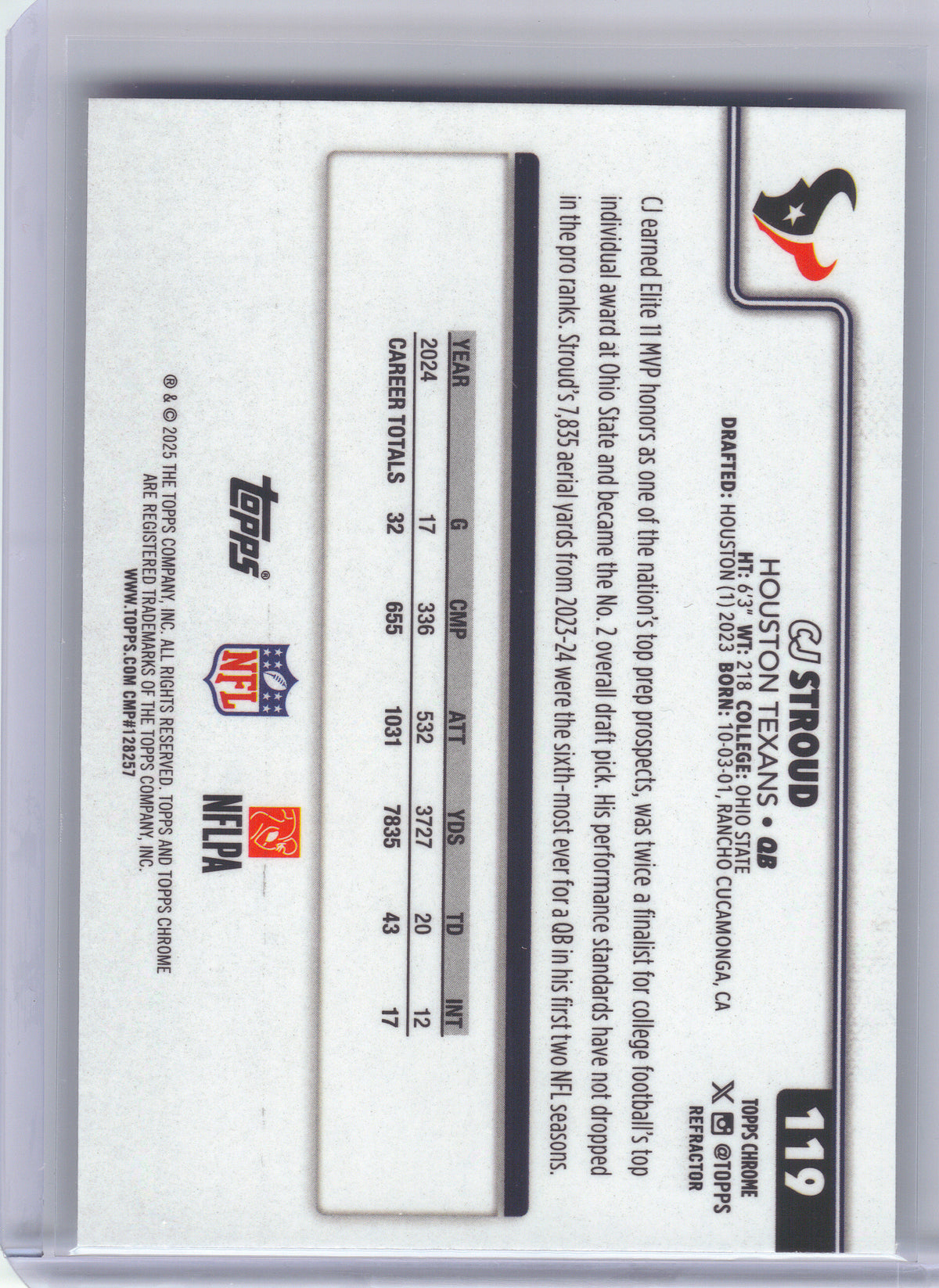 2025 Topps Chrome #119 CJ Stroud Refractor Houston Texans