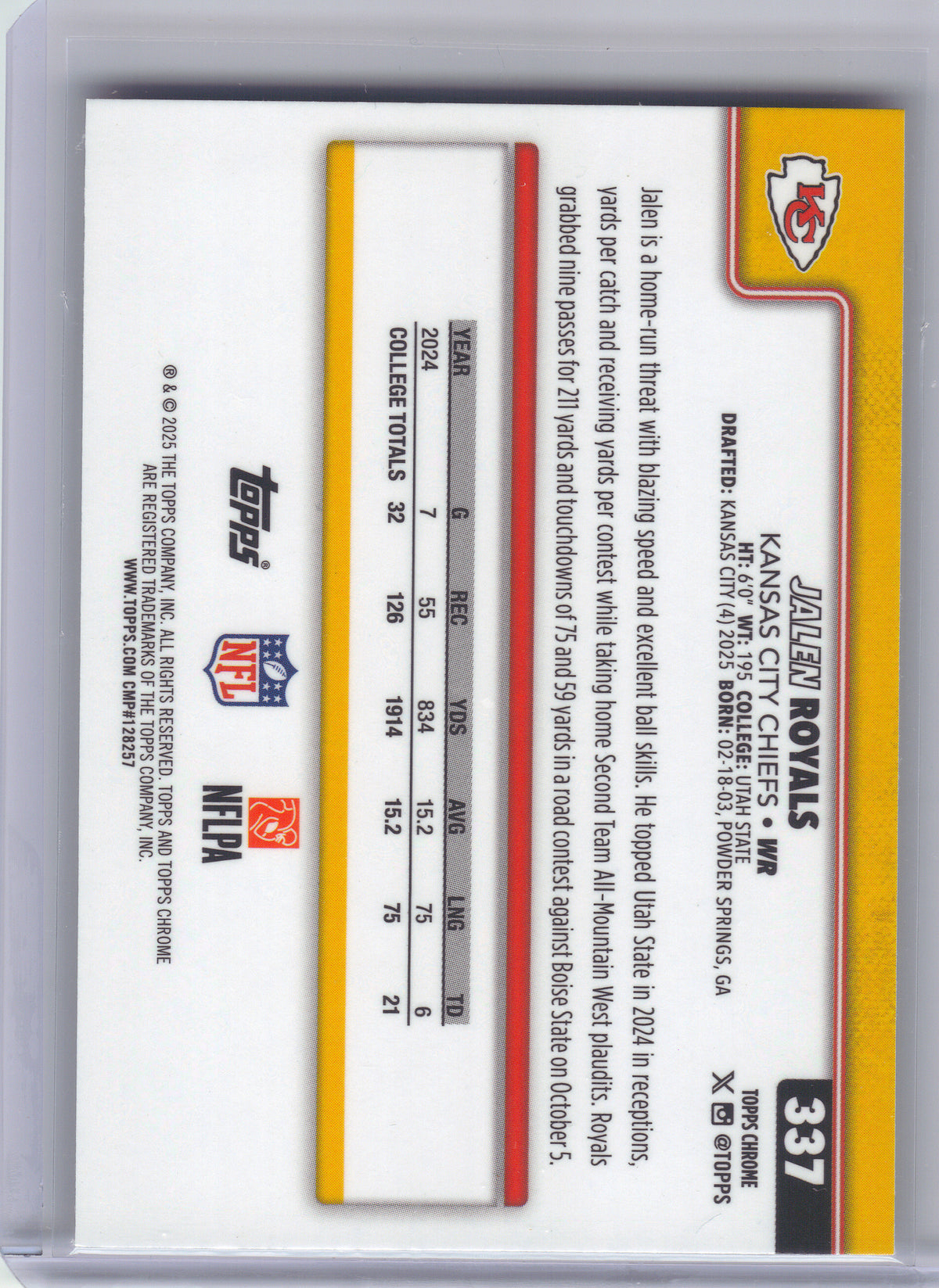 2025 Topps Chrome #337 Jalen Royals Football Leather Refractor Kansas City Chiefs RC