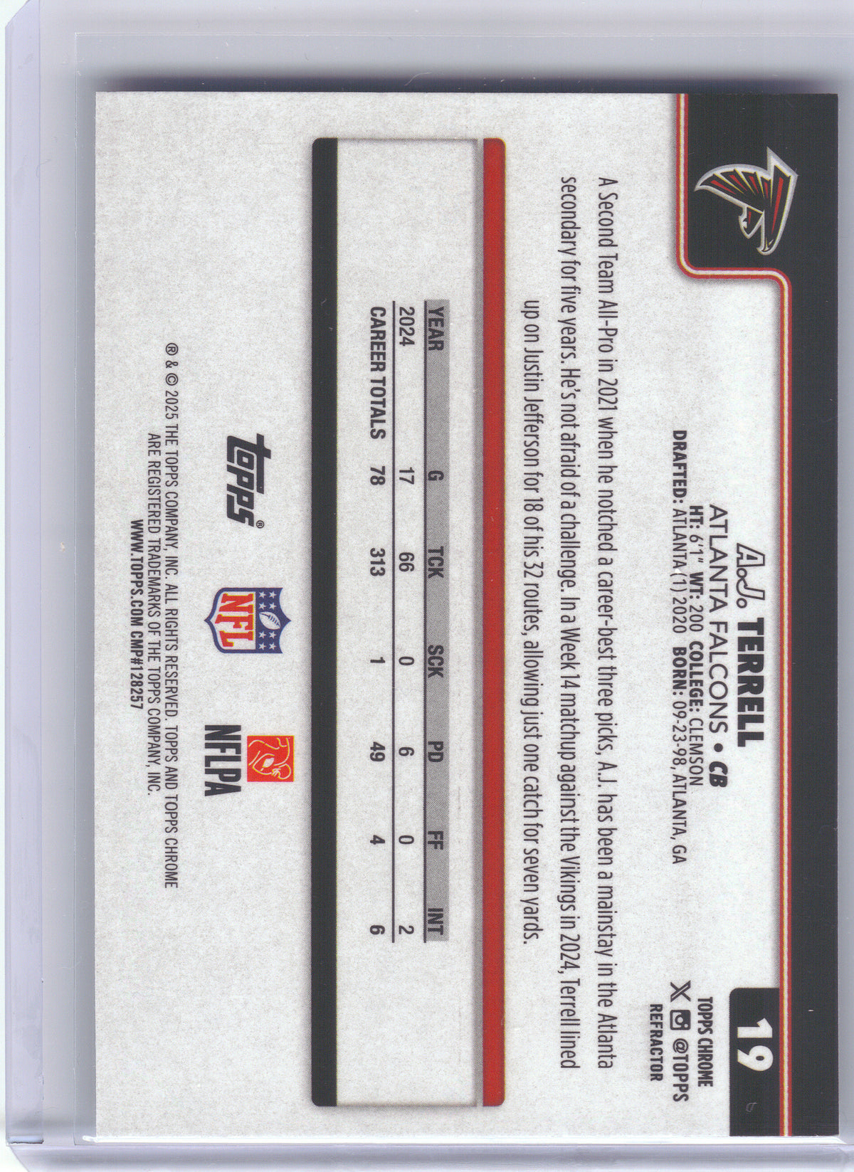 2025 Topps Chrome #19 A.J. Terrell Refractor Atlanta Falcons