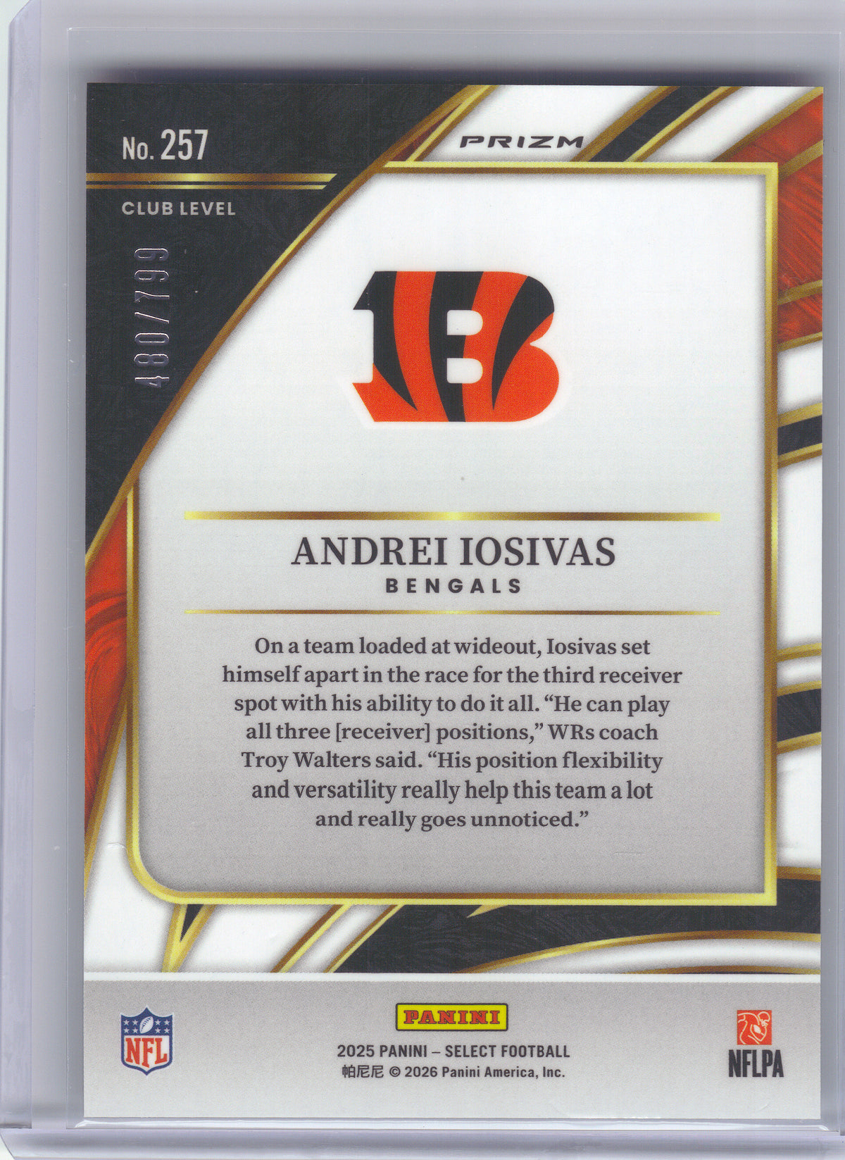 2025 Panini Select #257 Andrei Iosivas White Prizm Shock #/799 Cincinnati Bengals SN