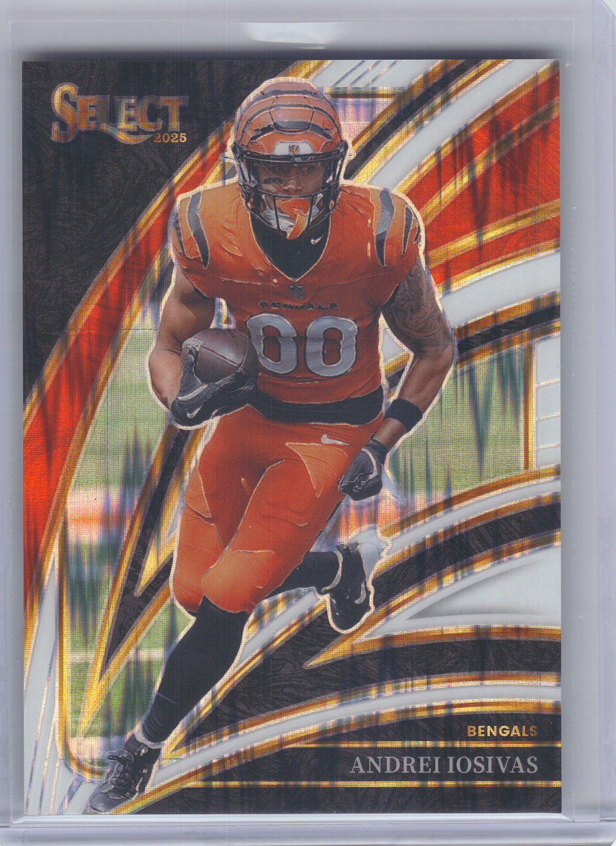 2025 Panini Select #257 Andrei Iosivas White Prizm Shock #/799 Cincinnati Bengals SN