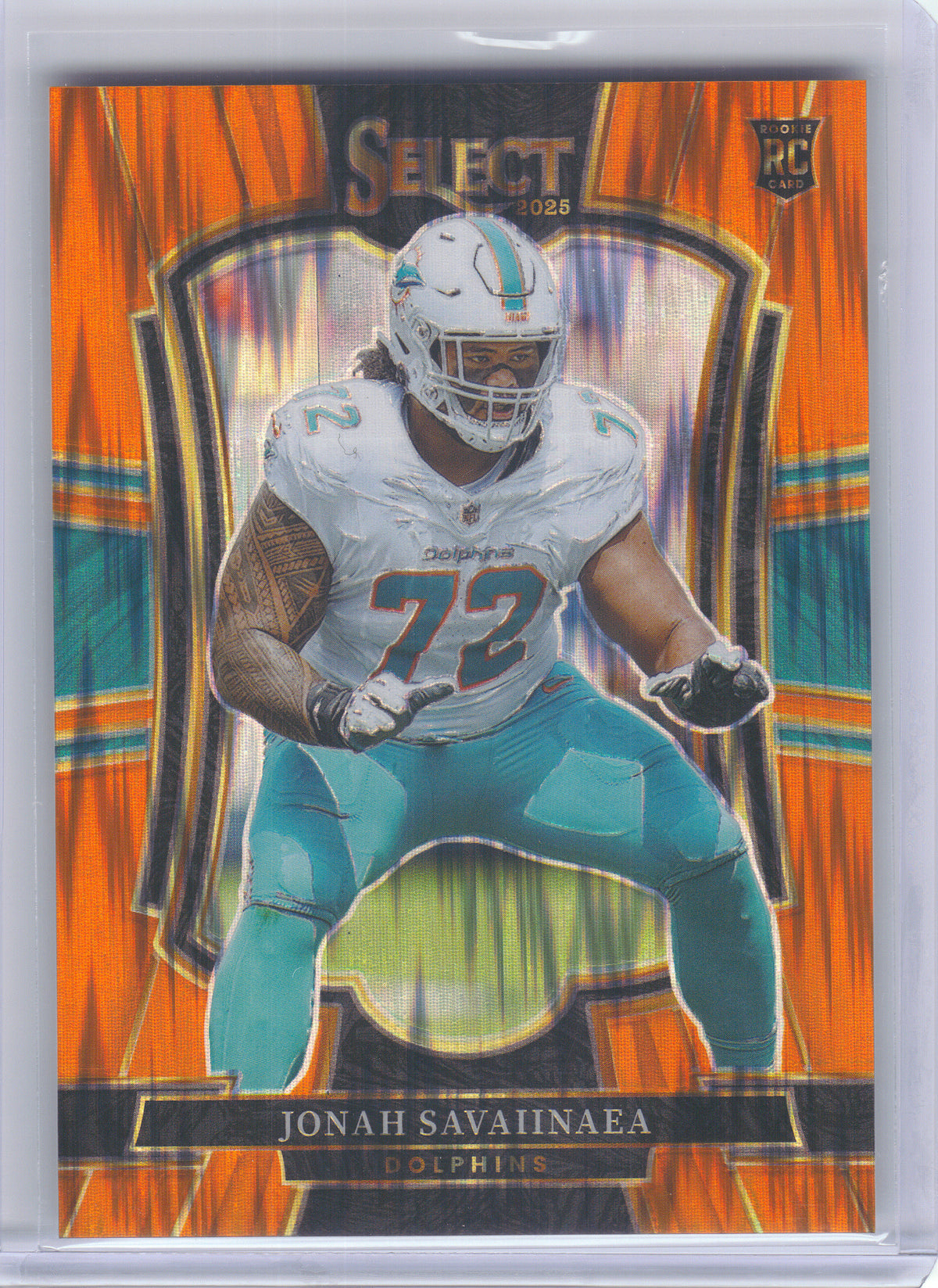 2025 Panini Select #183 Jonah Savaiinaea Orange Prizm Shock #/399 Miami Dolphins SN, RC