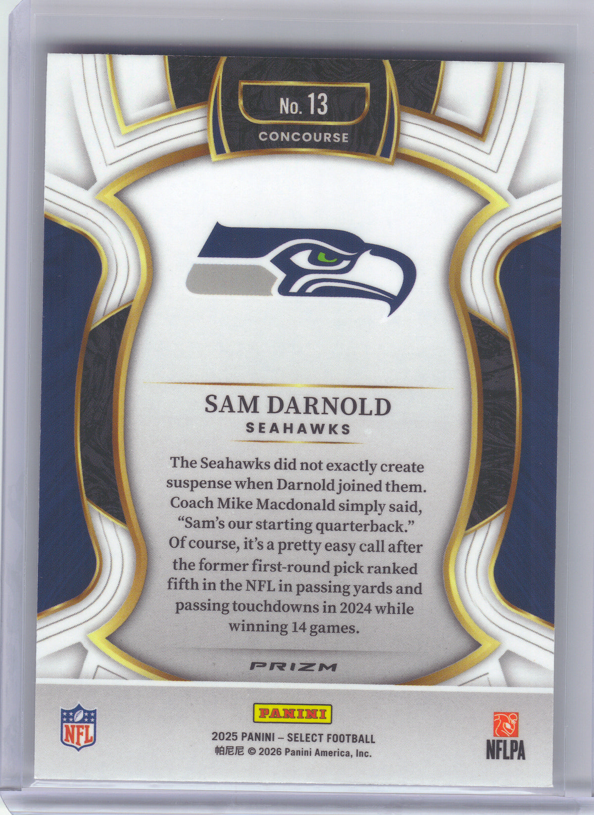 2025 Panini Select #13 Sam Darnold Pink Prizm Shock Seattle Seahawks