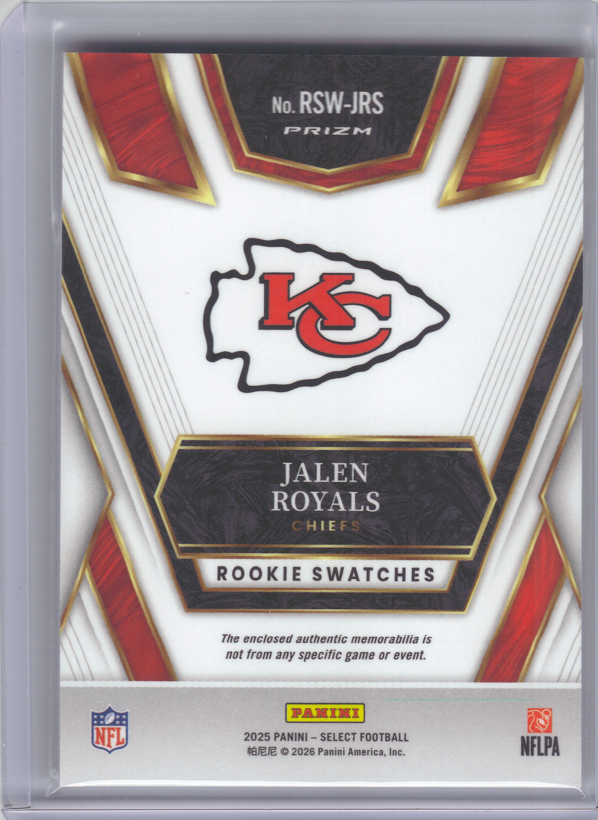 2025 Panini Select #RSW-JRS Jalen Royals Rookie Swatches Red Prizm Kansas City Chiefs MEM