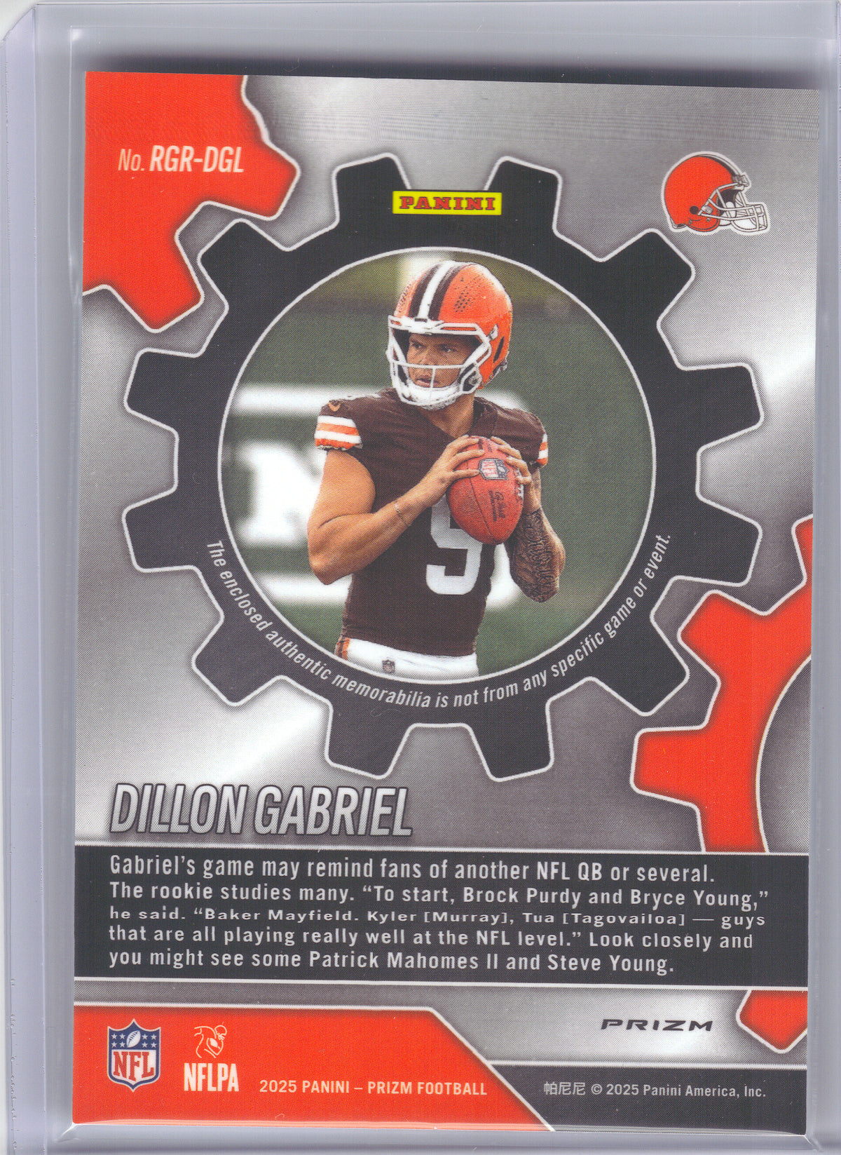 2025 Panini Prizm #RGR-DGL Dillon Gabriel Rookie Gear Neon Green Pulsar Cleveland Browns MEM