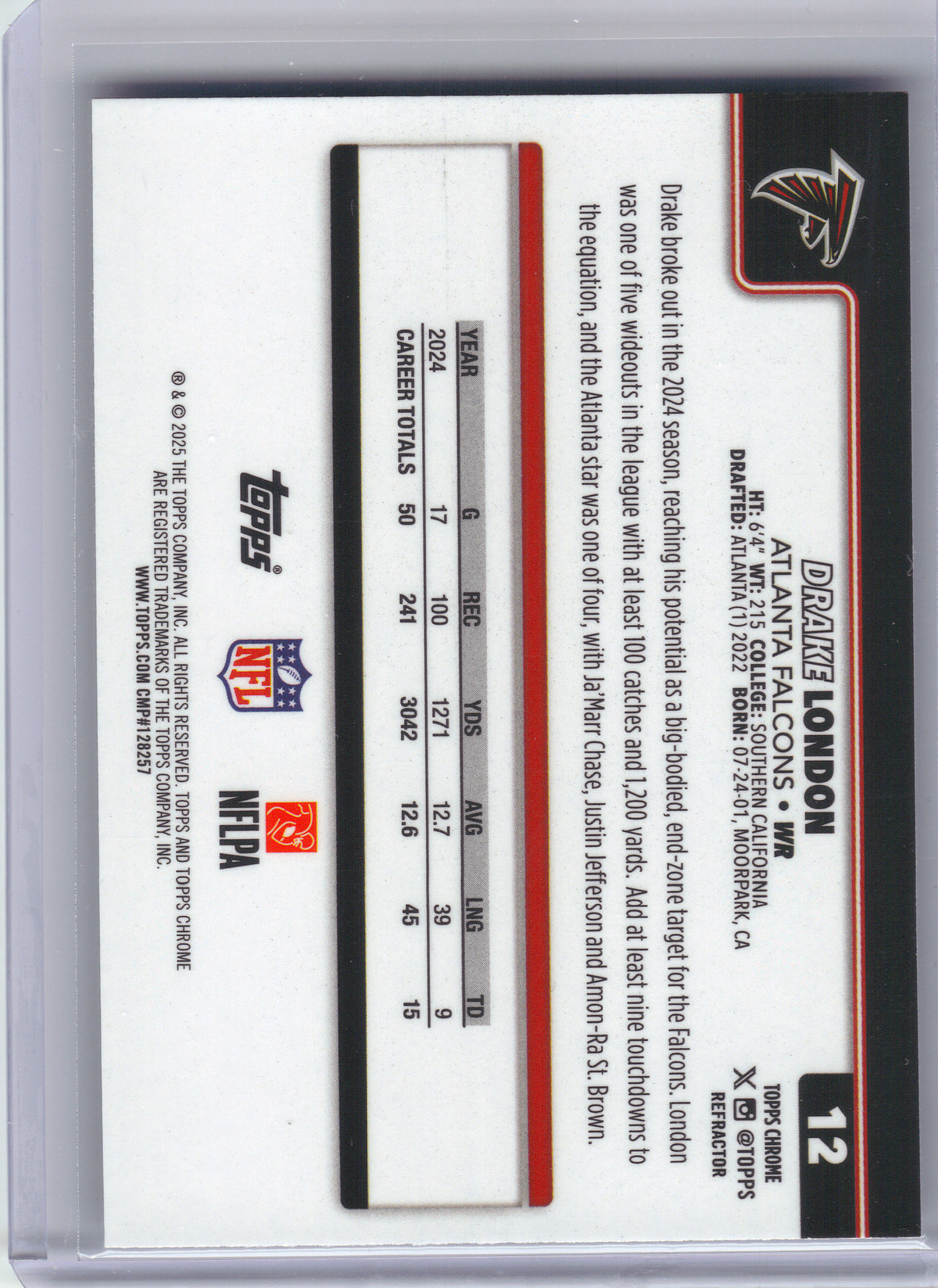 2025 Topps Chrome #12 Drake London Refractor Atlanta Falcons