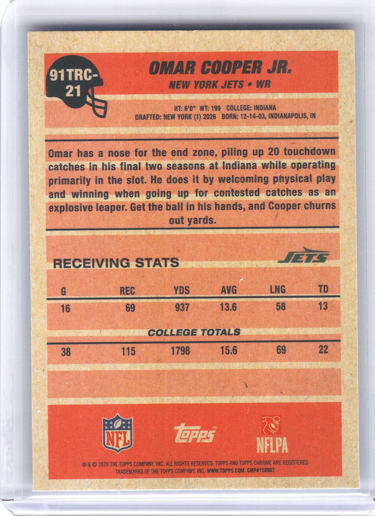 2026 Topps Flagship #91TRC-21 Omar Cooper Jr. 1991 Topps Football Rookies Chrome New York Jets