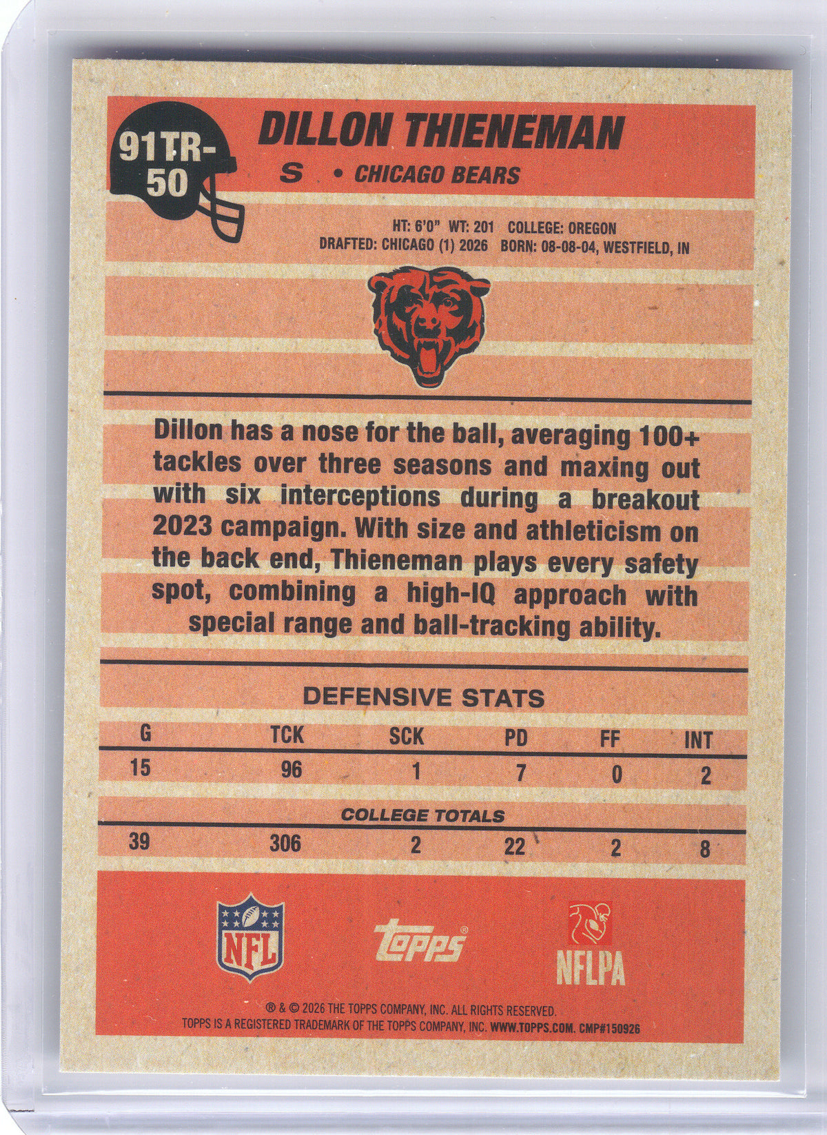 2026 Topps Flagship #91TR-50 Dillon Thieneman 1991 Topps Football Rookies Chicago Bears