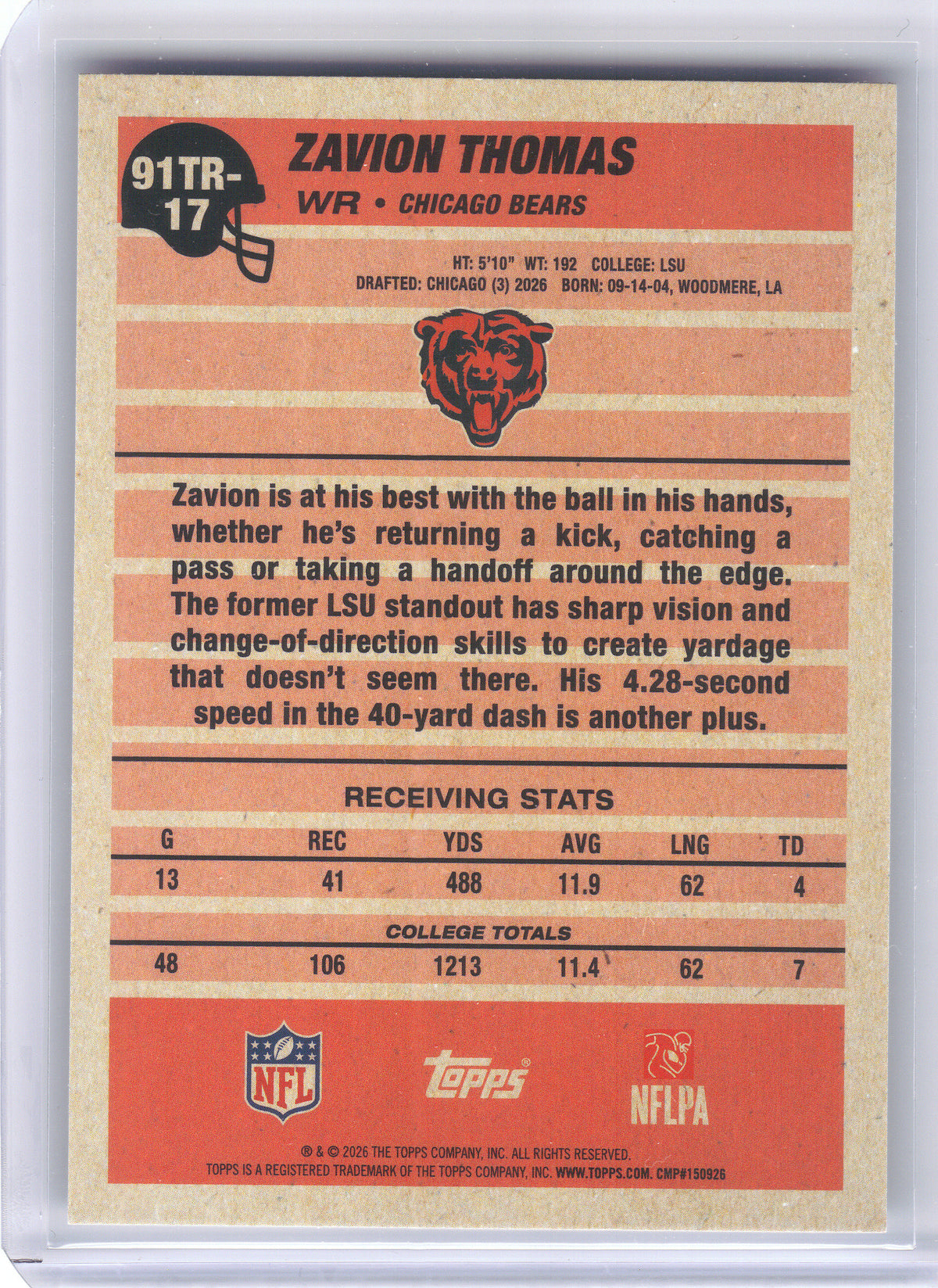 2026 Topps Flagship #91TR-17 Zavion Thomas 1991 Topps Football Rookies Chicago Bears