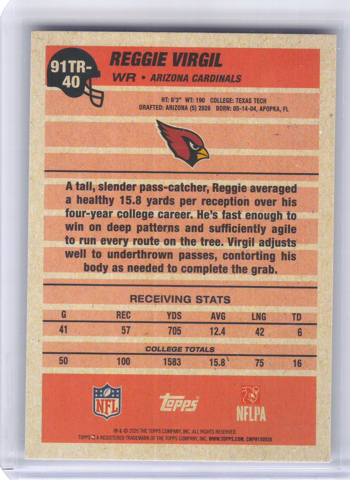 2026 Topps Flagship #91TR-40 Reggie Virgil 1991 Topps Football Rookies Arizona Cardinals