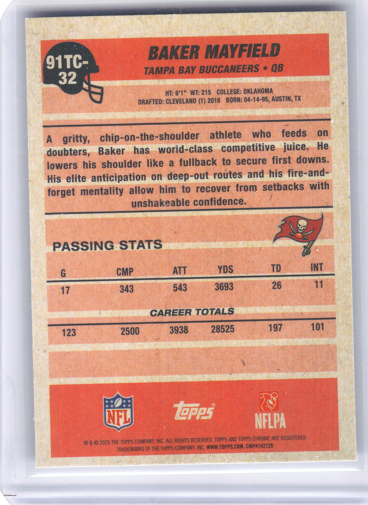 2026 Topps Flagship #91TC-32 Baker Mayfield 1991 Topps Football Chrome Tampa Bay Buccaneers