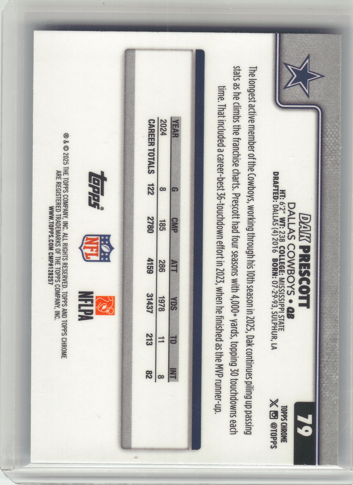 2025 Topps Chrome #79 Dak Prescott Teal Refractor #/299 Dallas Cowboys SN